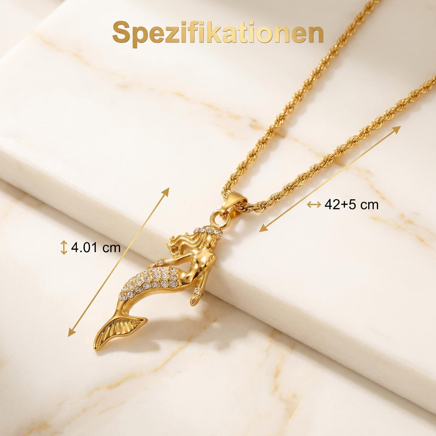 GLANZI Mermaid Glow Halskette – Meerjungfrau Anhänger mit Zirkonia, 18K Vergoldet