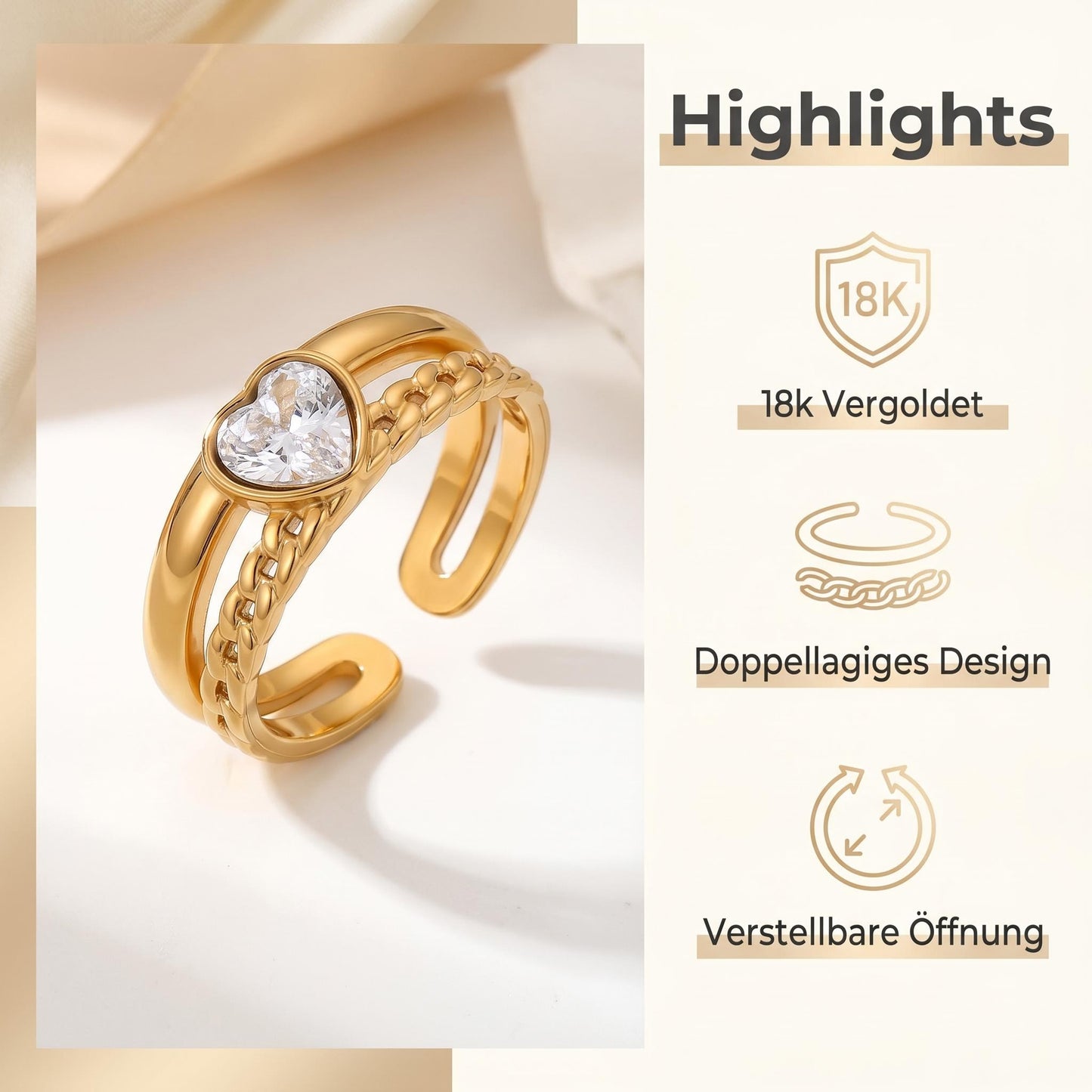 GLANZI Sweet Embrace Ring – Doppelreihiger Herzring mit Zirkonia