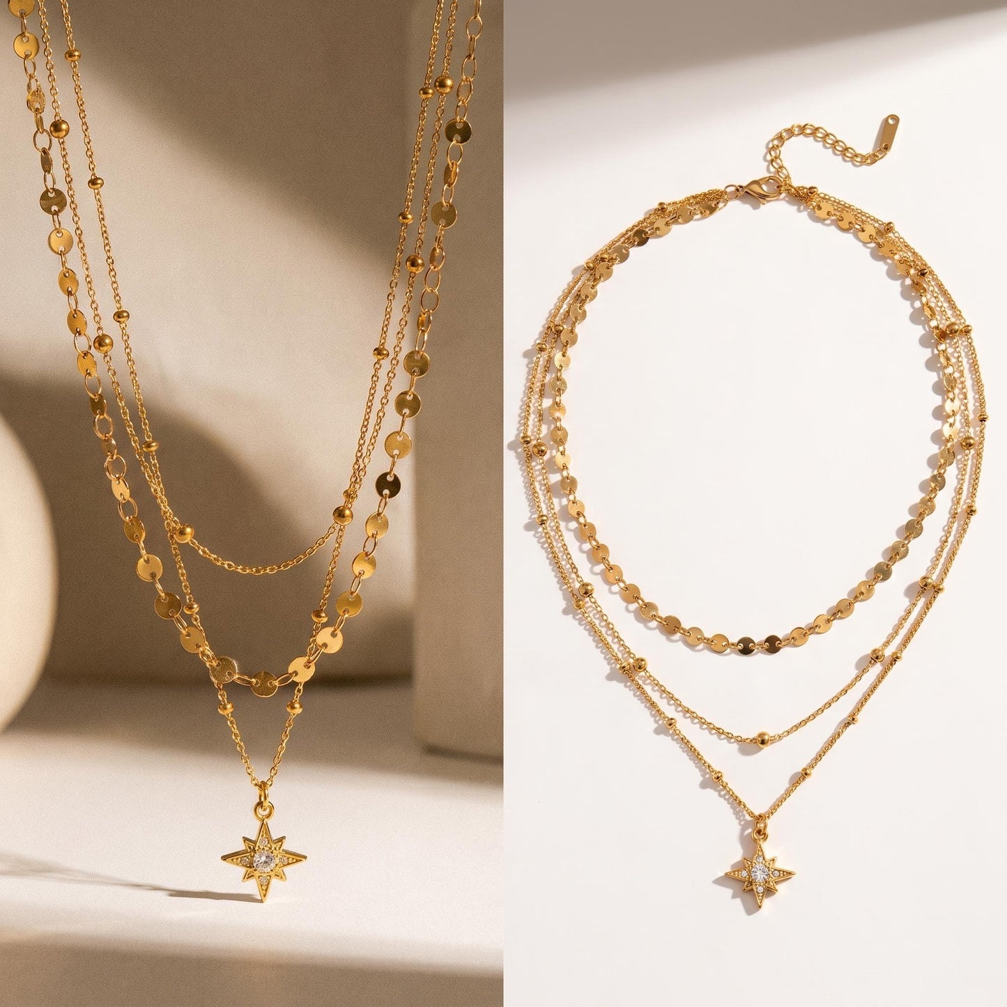 GLANZI Starlit Muse Halskette – Dreilagiges Layering-Design mit Sternanhänger