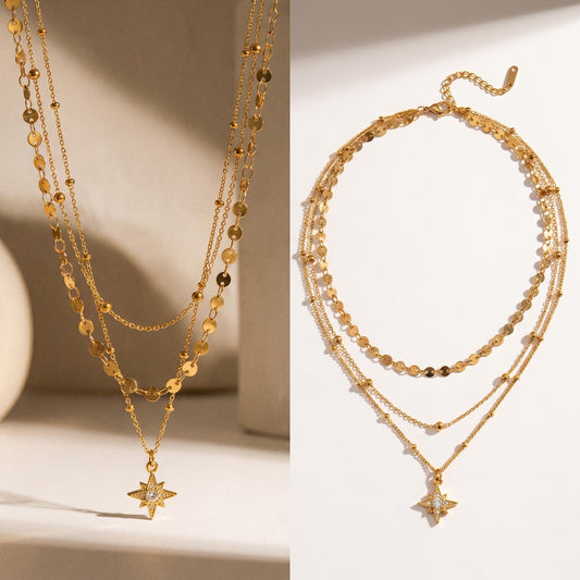 GLANZI Starlit Muse Halskette – Dreilagiges Layering-Design mit Sternanhänger