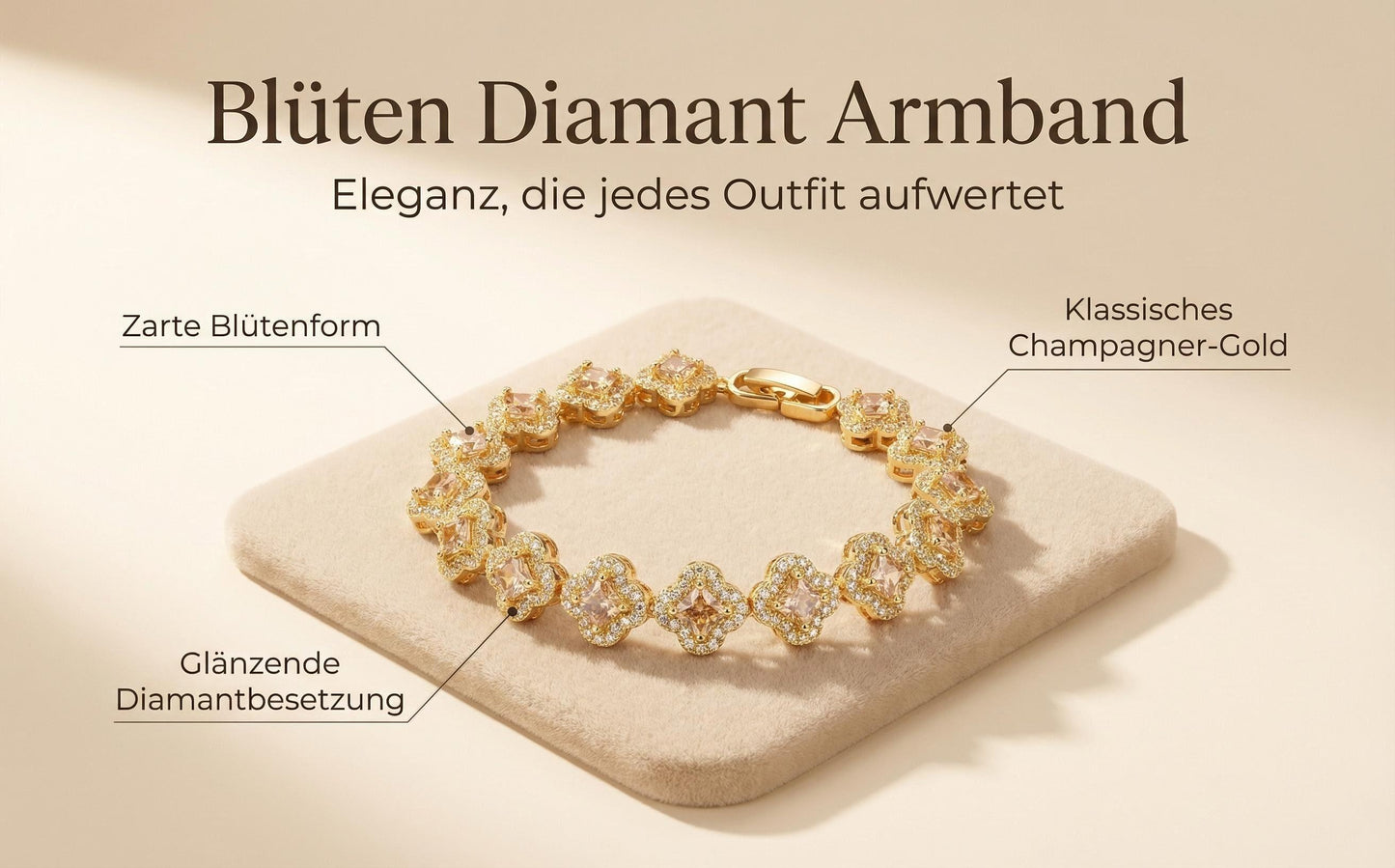 GLANZI Vierblättriges Kleeblatt Armband – 18K vergoldetes Kupfer, Champagner-Zirkonia, 18 cm