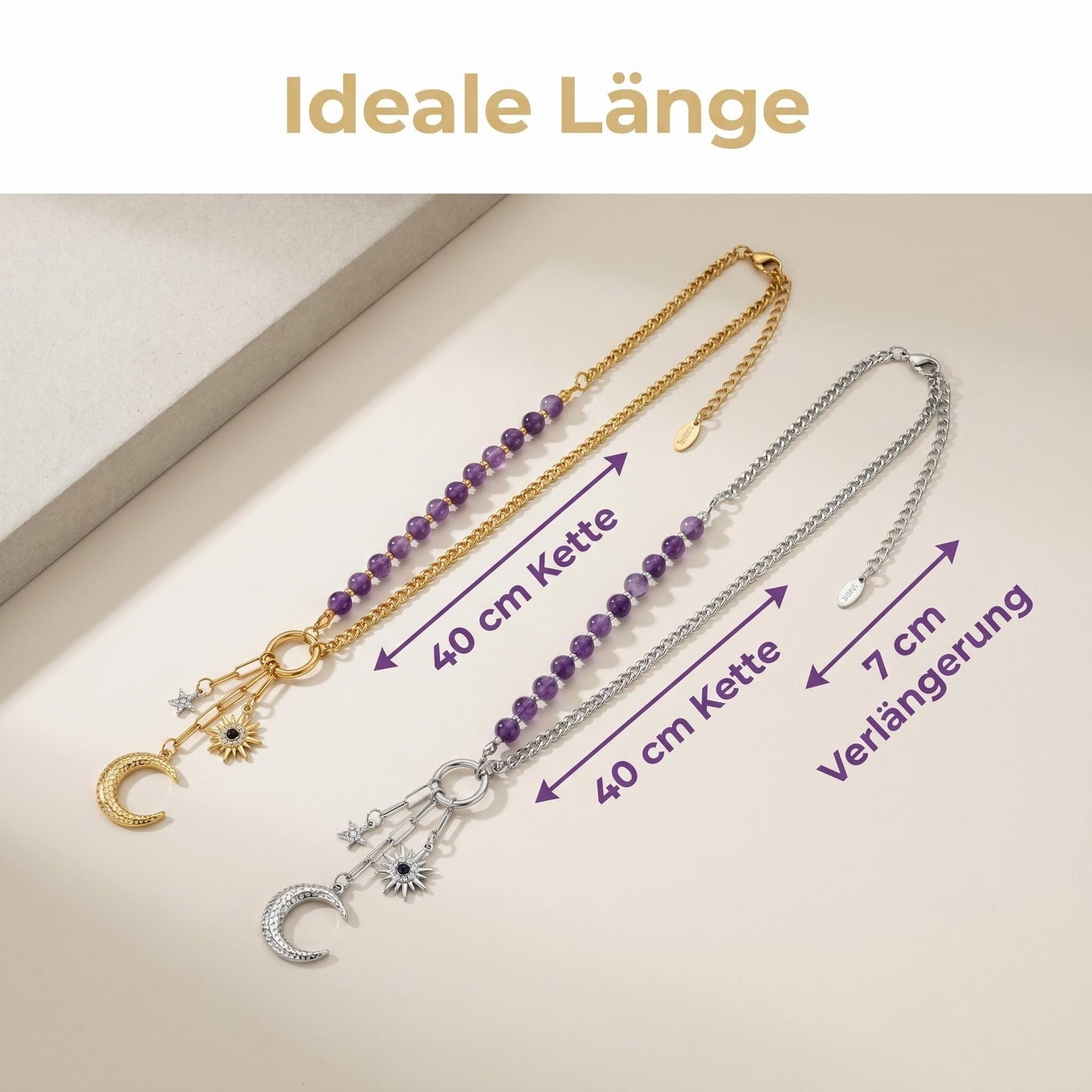 GLANZI Amethyst Celestial Halskette – Asymmetrisches Design mit Sonne, Mond & Stern