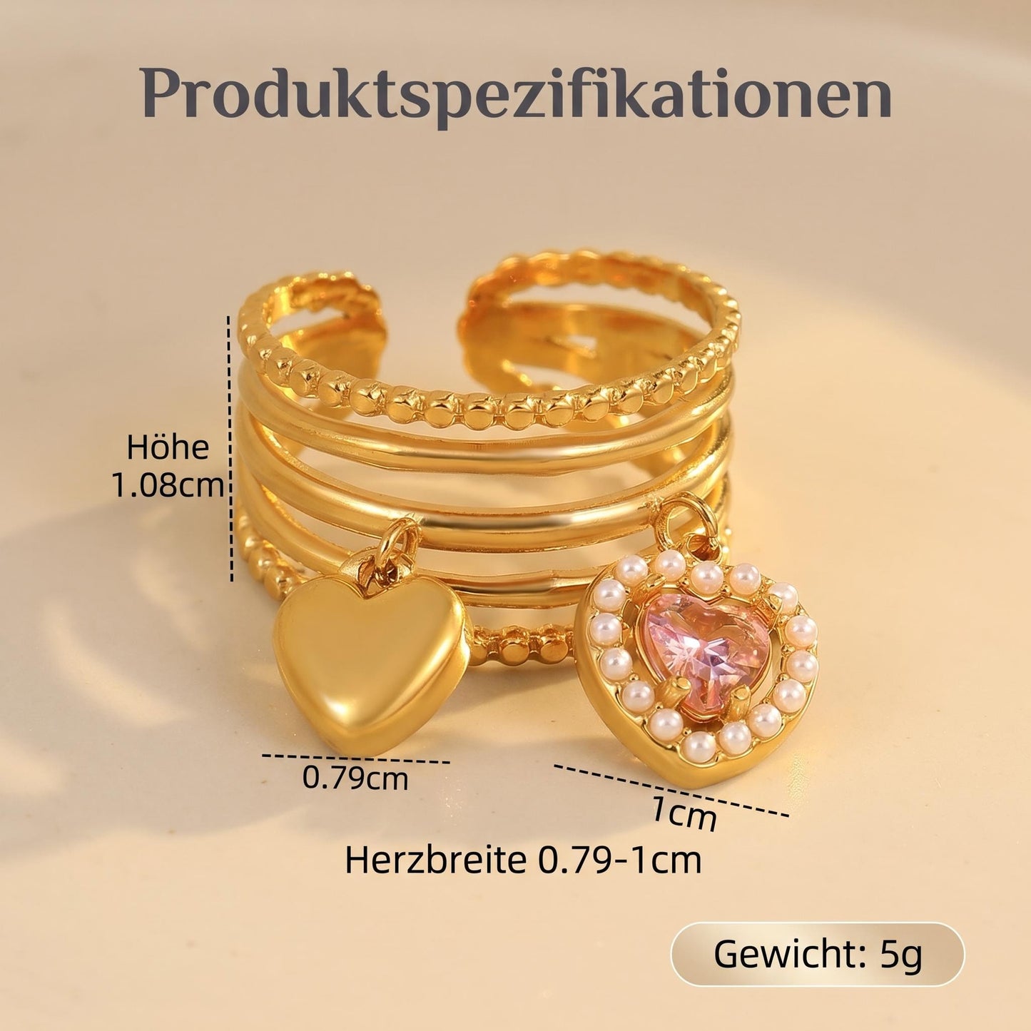 GLANZI Heart Motion Ring – Mehrreihiger Ring mit Herzanhängern