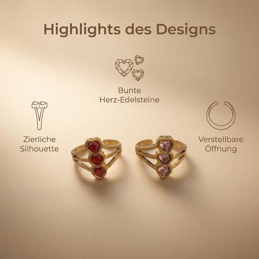 GLANZI Heart Symphony Ring – Dreifacher Herzring mit Kristallen, Verstellbar