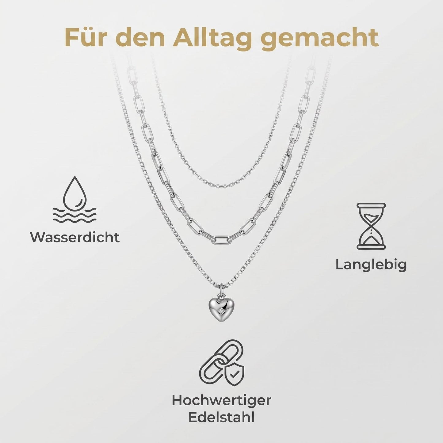GLANZI Sweet Layers Halskette – Dreireihig mit Herz Anhänger