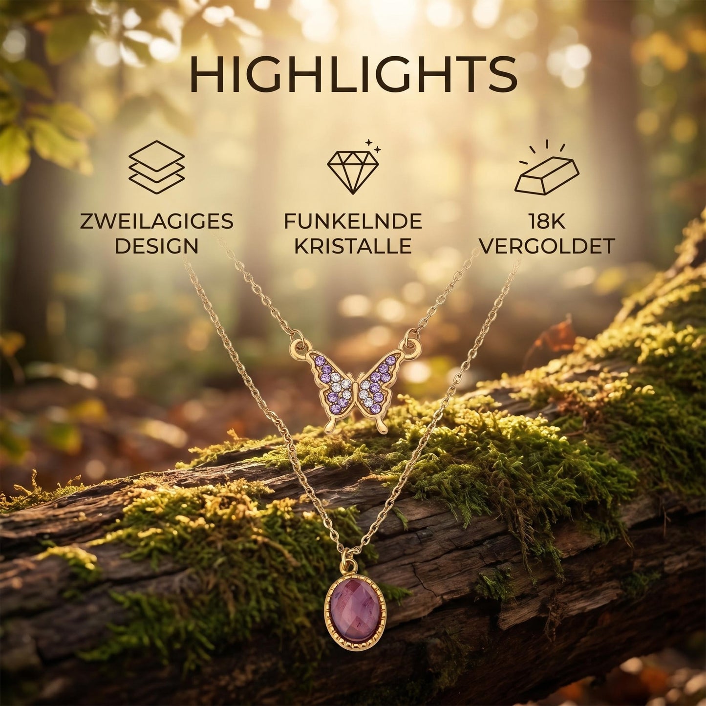 GLANZI Waldflüstern Halskette – Doppellagig mit Schmetterling & Amethyst
