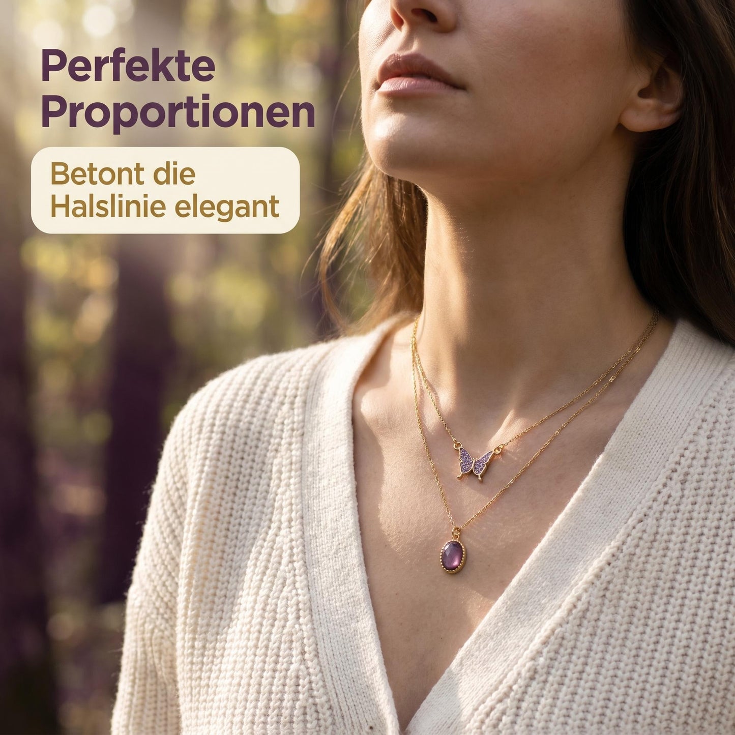 GLANZI Waldflüstern Halskette – Doppellagig mit Schmetterling & Amethyst