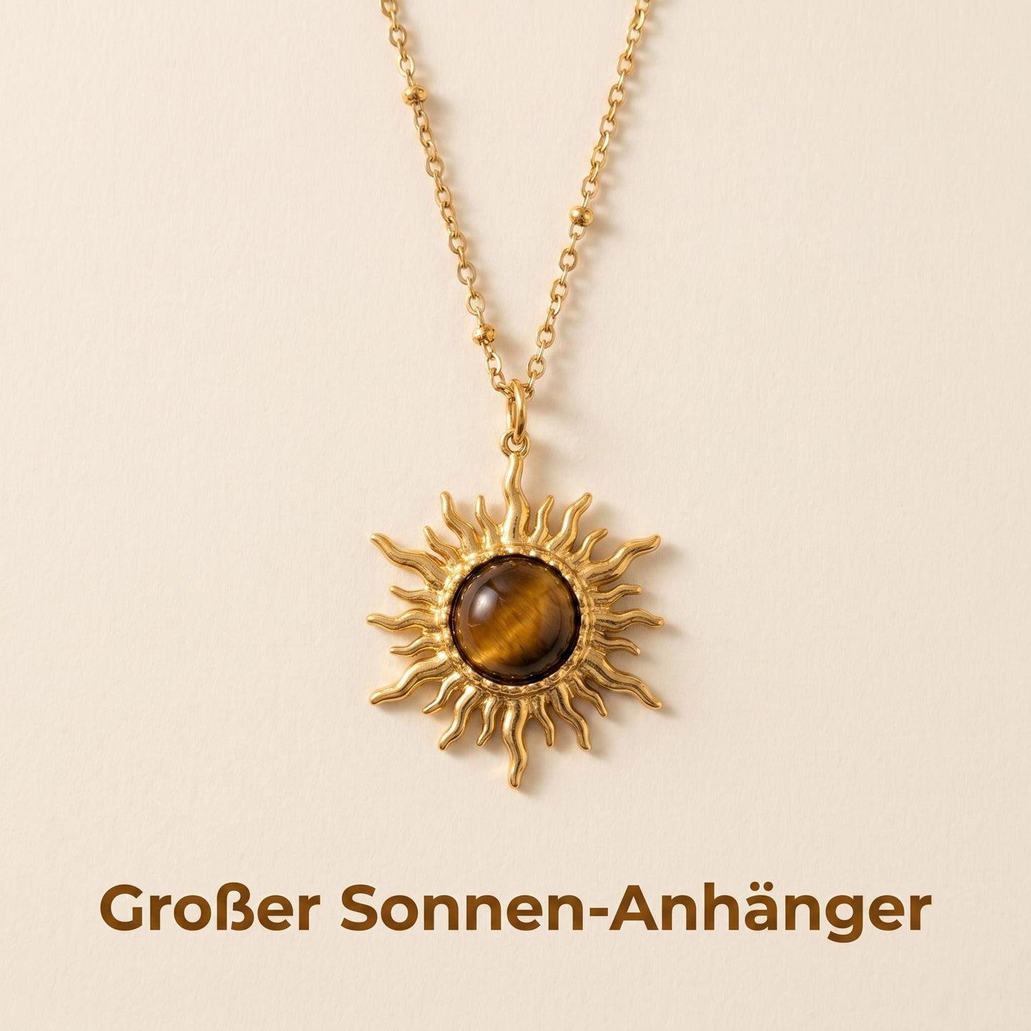 GLANZI Tiger Sun Halskette – Sonnenanhänger mit Tigerauge, 18K Vergoldet