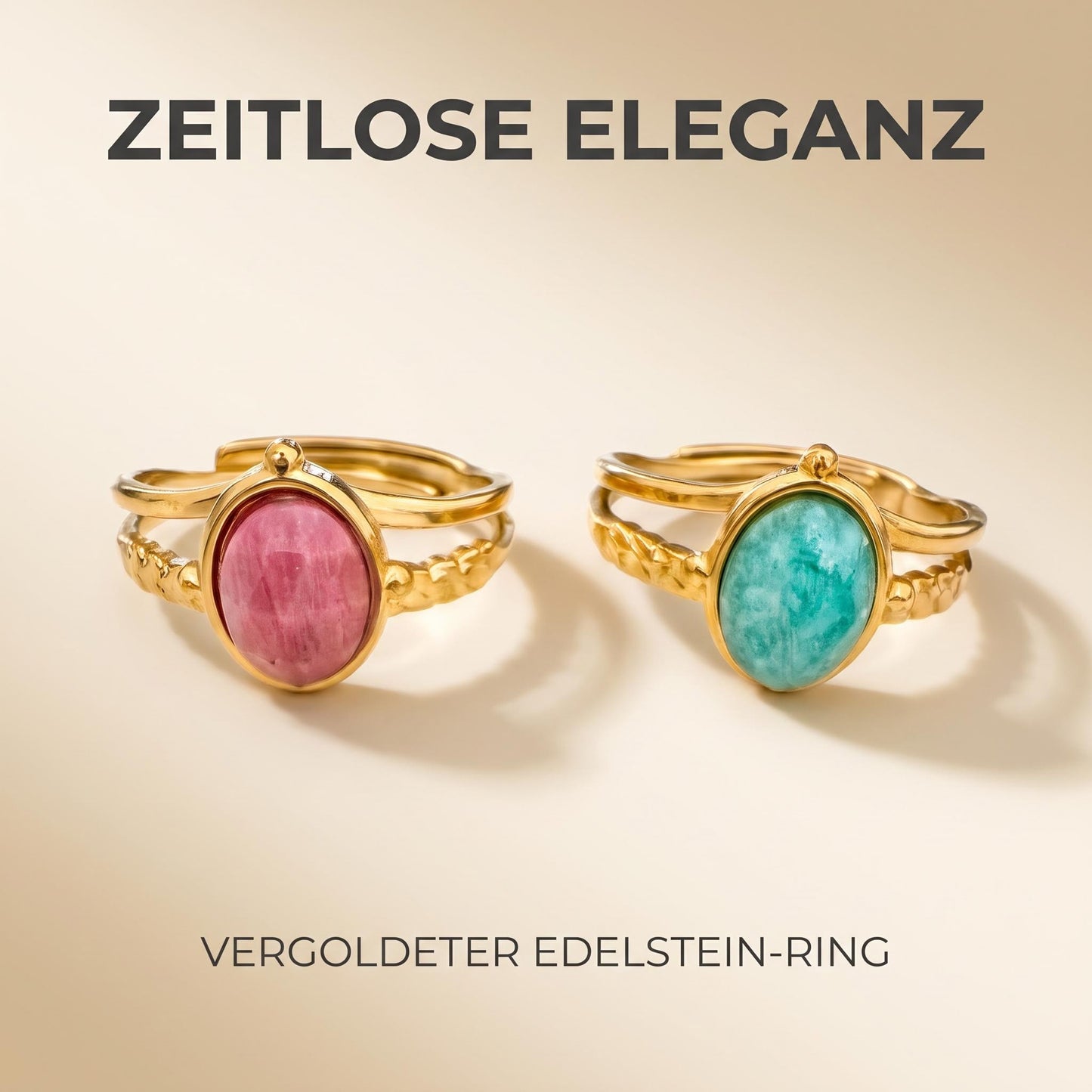GLANZI Terra Muse Ring – Verstellbarer Doppelring mit Naturstein, 18K Vergoldet
