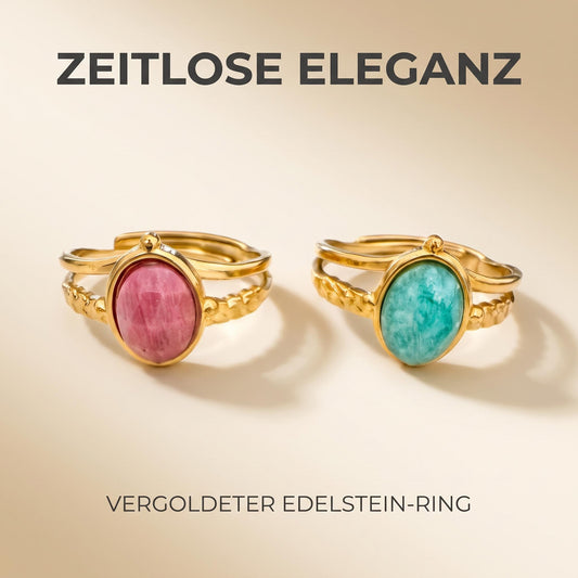 GLANZI Terra Muse Ring – Verstellbarer Doppelring mit Naturstein, 18K Vergoldet