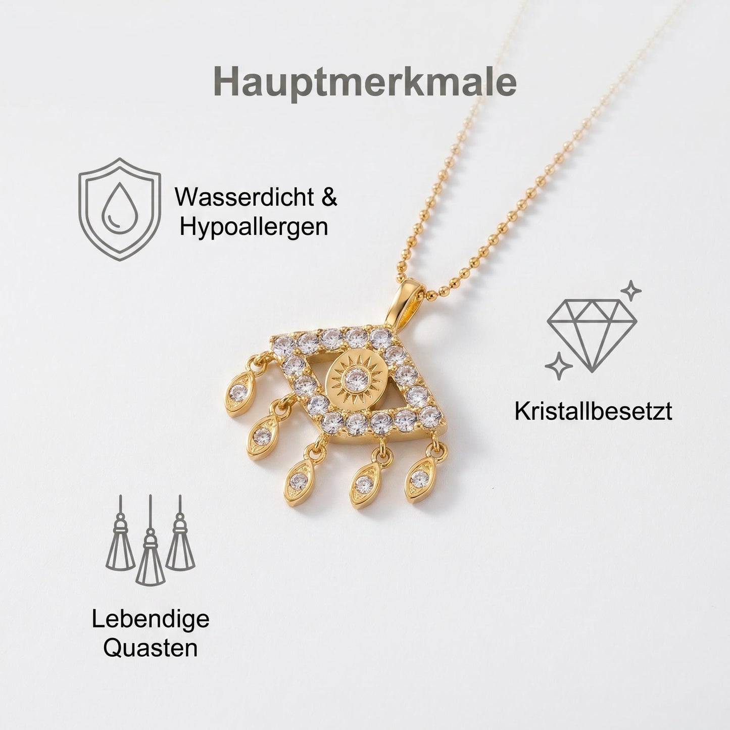 GLANZI Evil Eye Tassel Halskette – Zirkonia Anhänger mit Tropfen-Details, 18K Vergoldet
