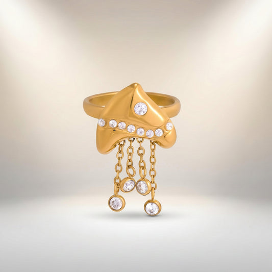 GLANZI Golden Jellyfish Ring - Offener Quallenring mit Zirkonia-Fransen