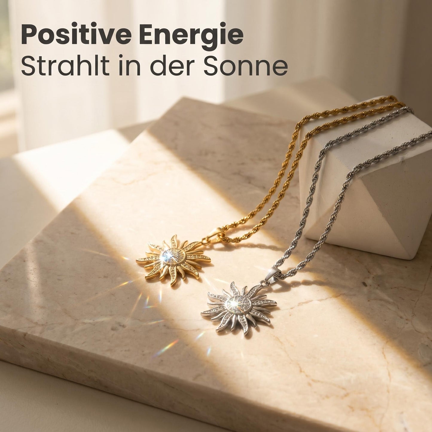 GLANZI Solar Radiance Halskette – Großer Sonnenanhänger mit Zirkonia, 60 cm
