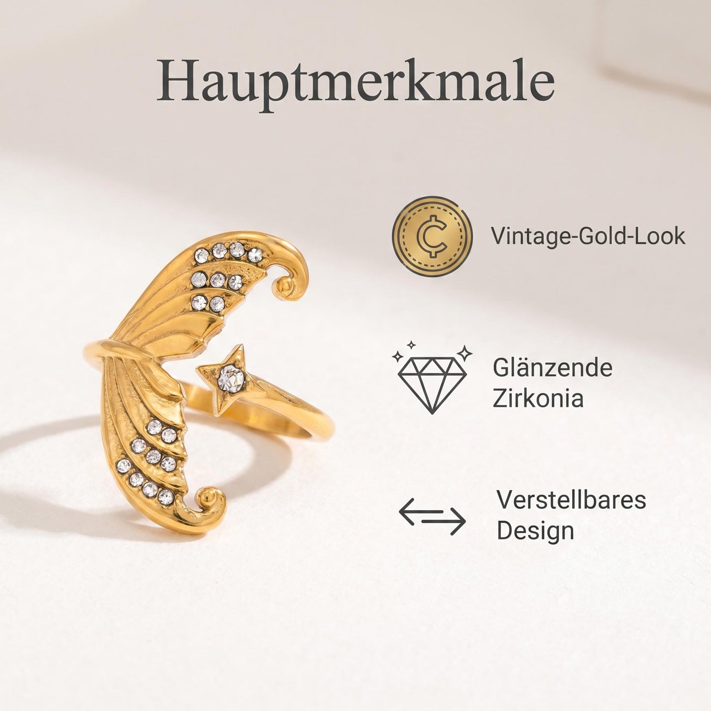 GLANZI Mermaid's Secret Ring - Offener Ring mit Meerjungfrauenflosse & Zirkonia