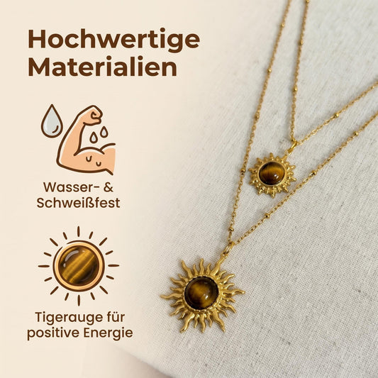 GLANZI Tiger Sun Halskette – Sonnenanhänger mit Tigerauge, 18K Vergoldet