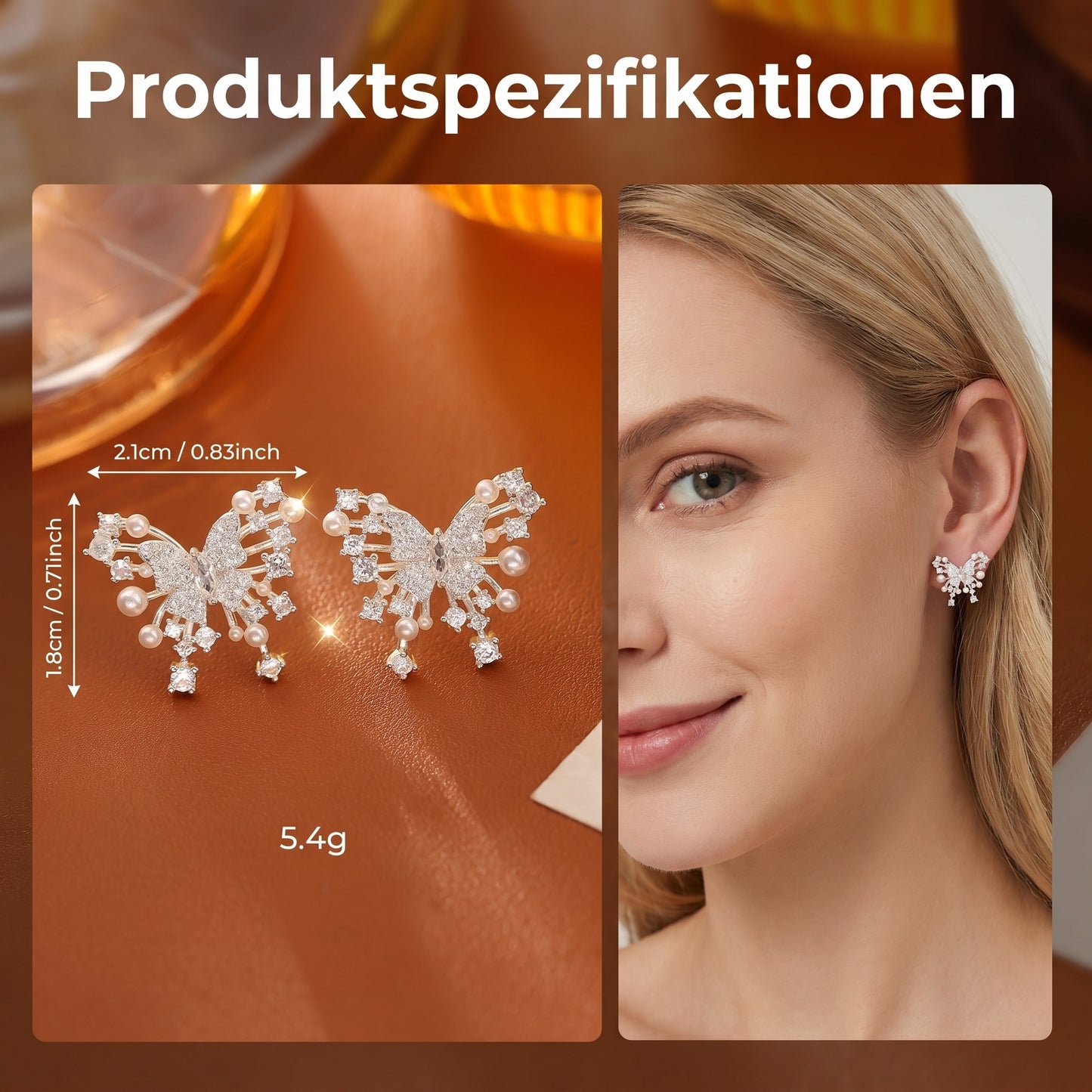 GLANZI Silver Papillon Ohrstecker – Schmetterling mit Zirkonia & Perlendetail