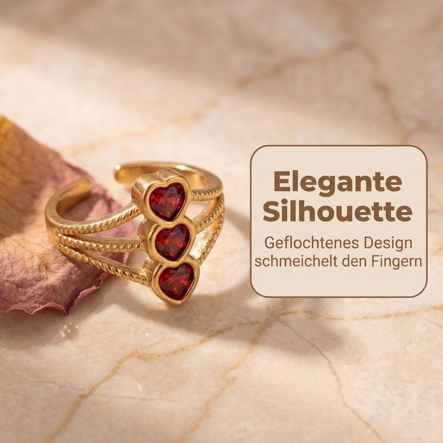 GLANZI Heart Symphony Ring – Dreifacher Herzring mit Kristallen, Verstellbar