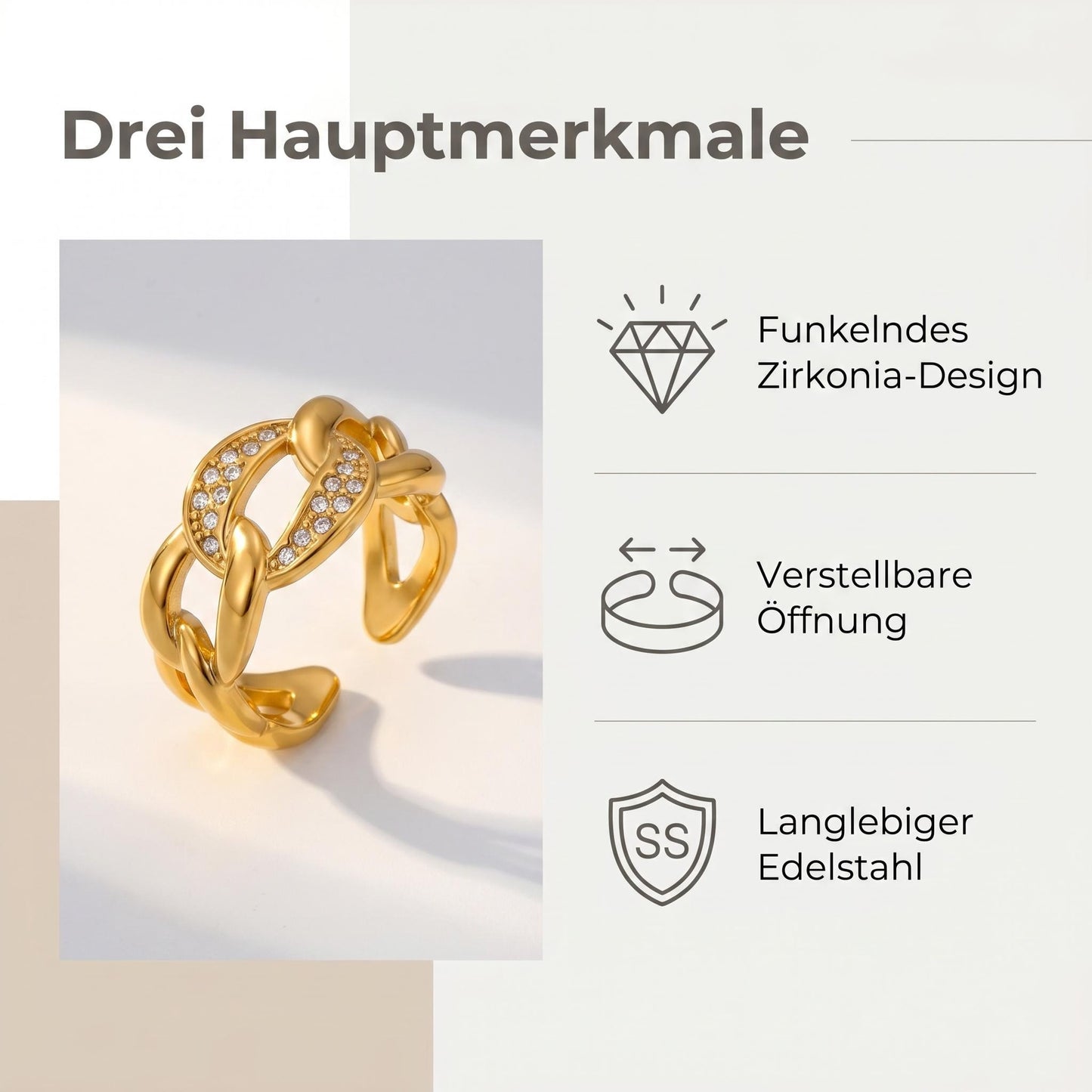 GLANZI Linked Glow Ring – Offener Kettenring mit Zirkonia