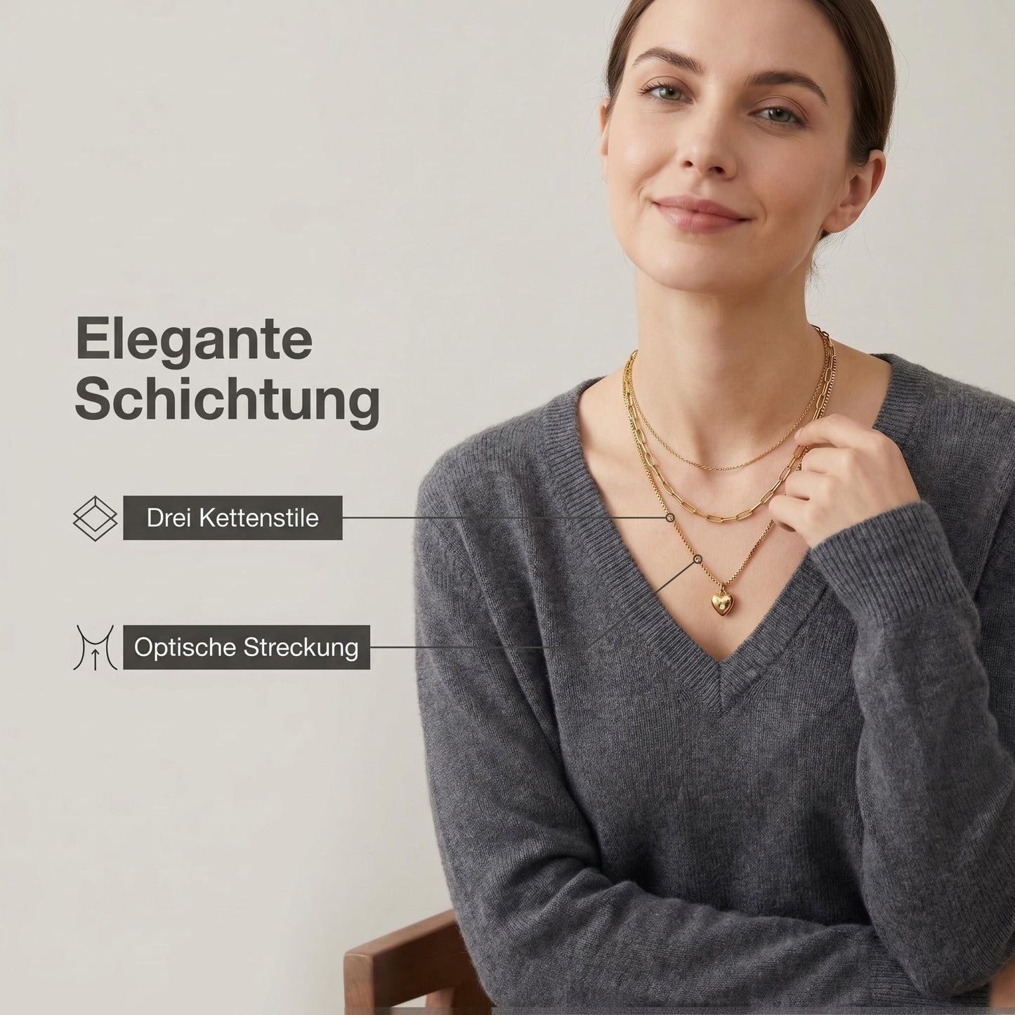 GLANZI Sweet Layers Halskette – Dreireihig mit Herz Anhänger