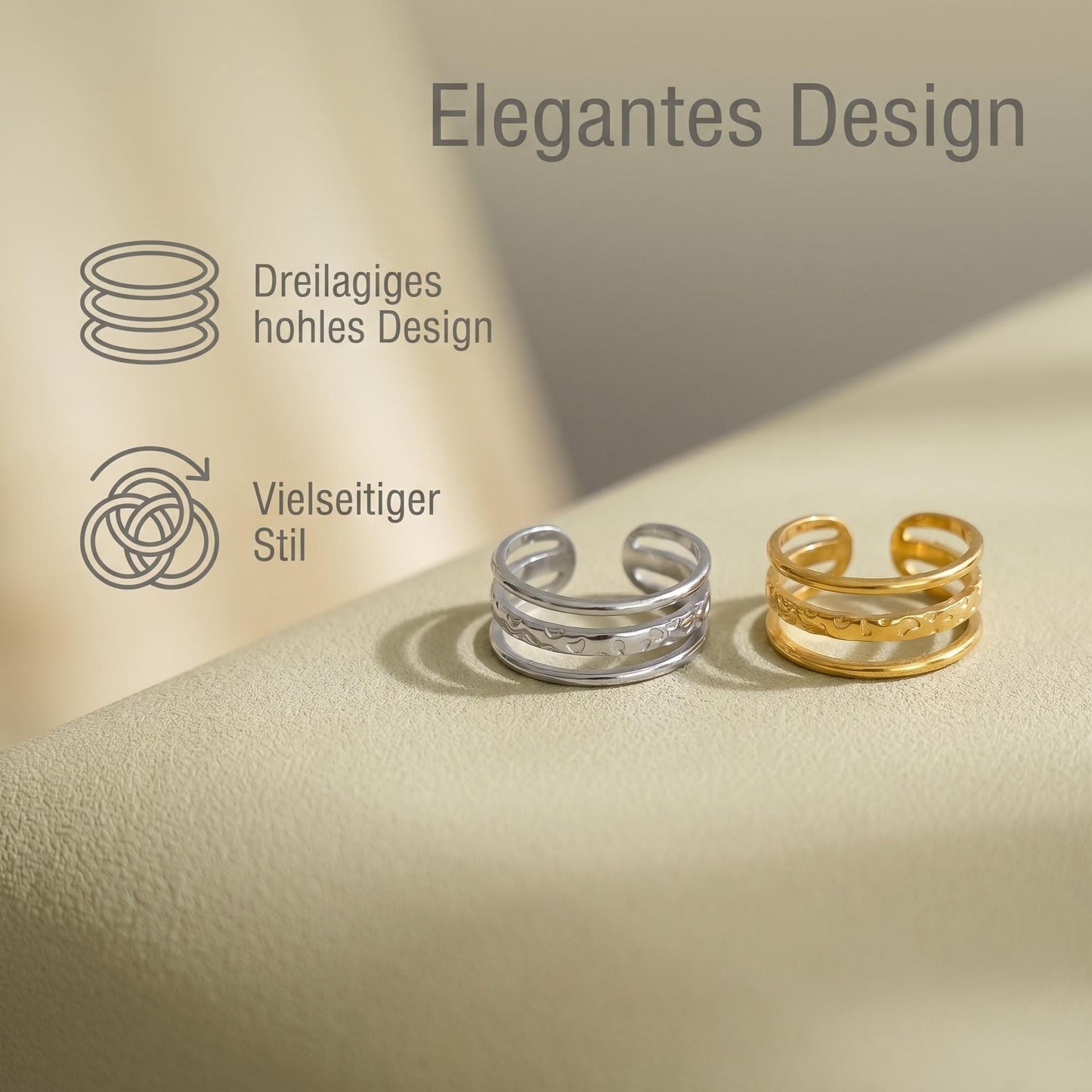 GLANZI Layer Ring – Dreireihiges Design, Edelstahl oder 18K Vergoldet, Verstellbar