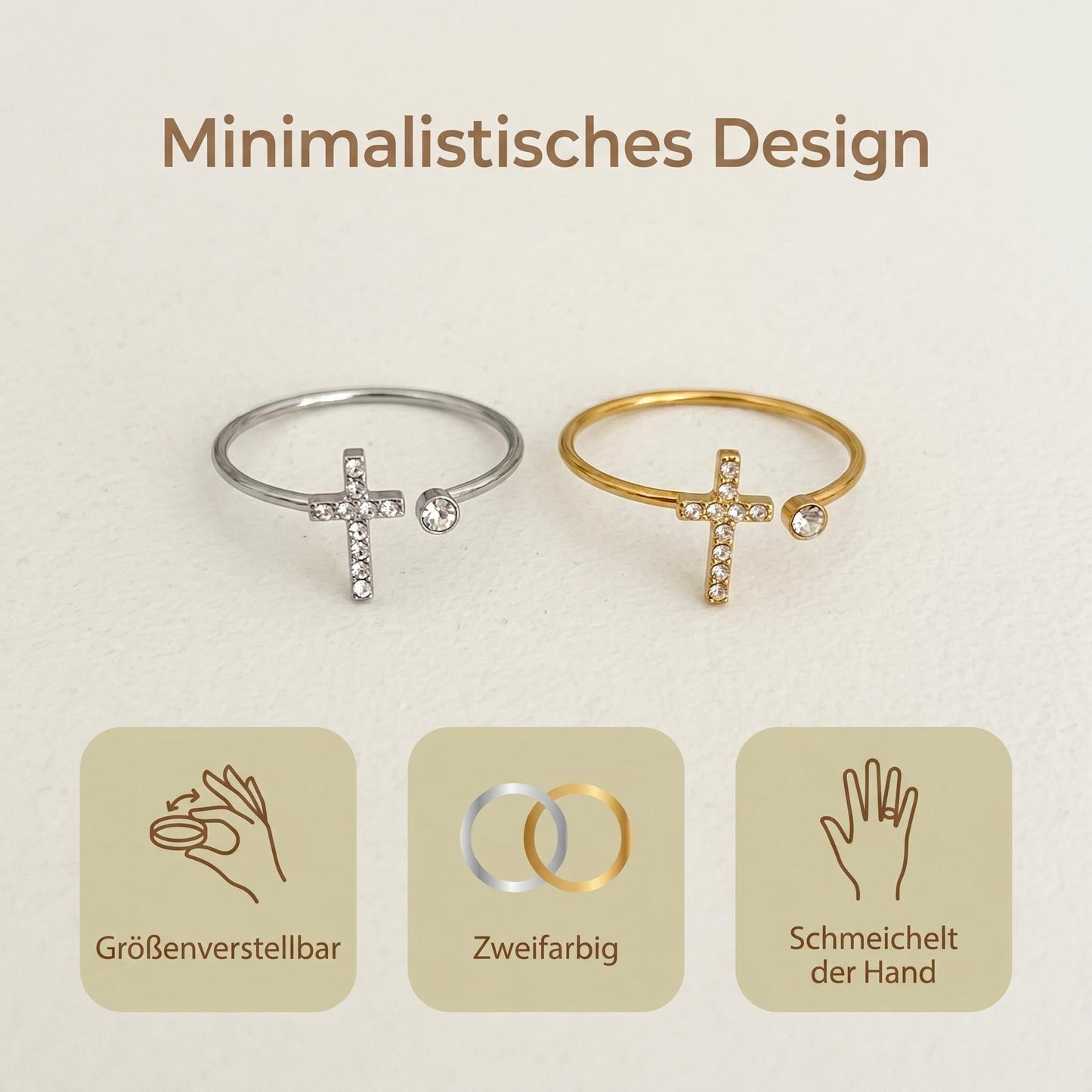 GLANZI Faith Ring – Kreuz mit Zirkonia, Edelstahl Vergoldet oder Silberfarben, Verstellbar