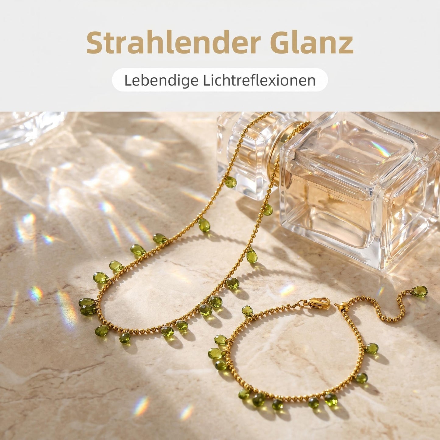 GLANZI Waldlicht Schmuckset - Halskette & Armband mit grünem Zirkonia