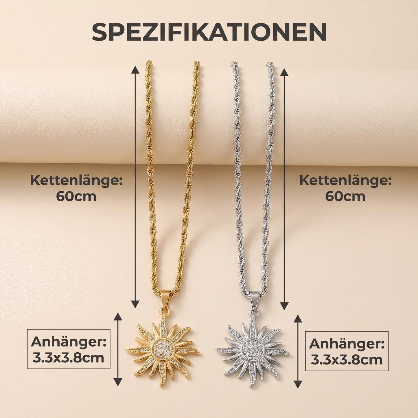 GLANZI Solar Radiance Halskette – Großer Sonnenanhänger mit Zirkonia, 60 cm