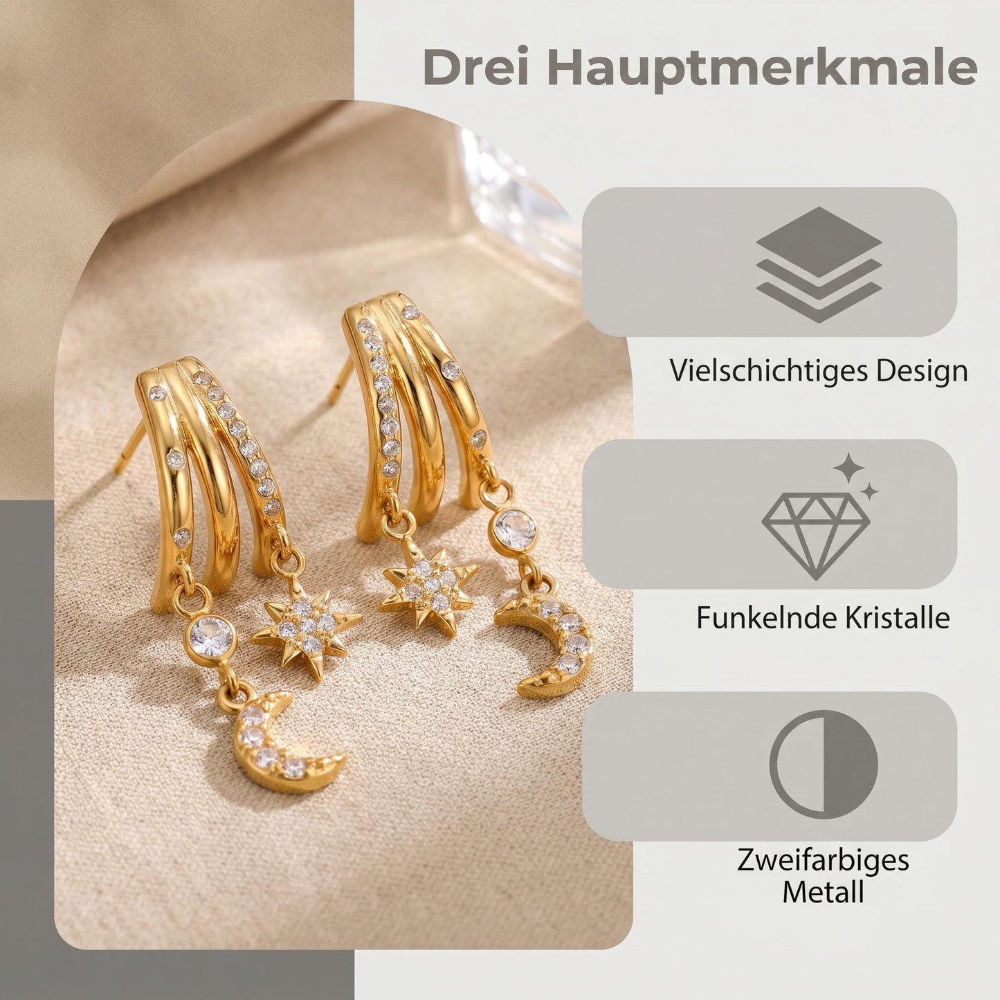 GLANZI Moonveil Ohrringe – Mehrreihige Creolen mit Stern & Mond