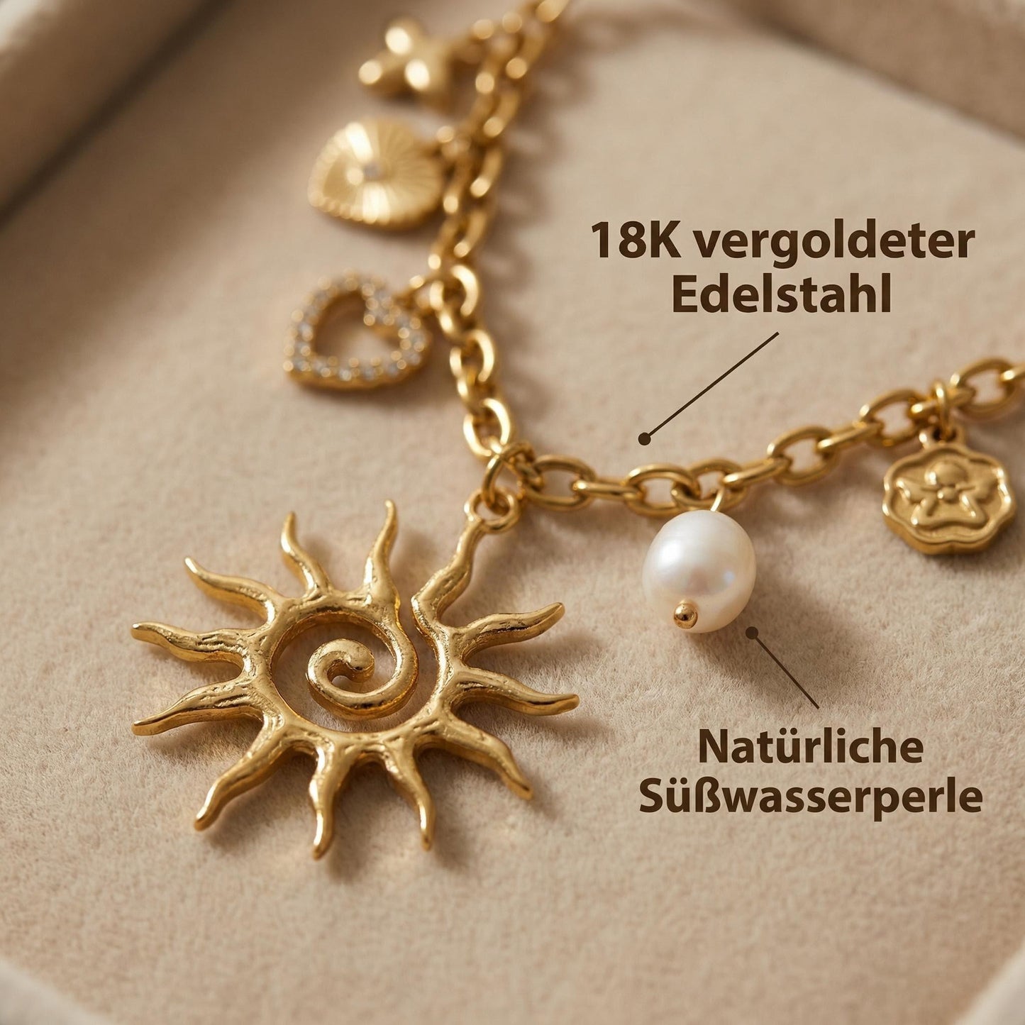 GLANZI Charm Halskette – Sonnen- & Perlen Anhänger