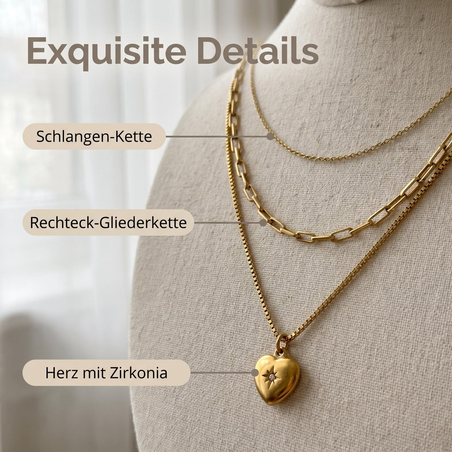 GLANZI Sweet Layers Halskette – Dreireihig mit Herz Anhänger