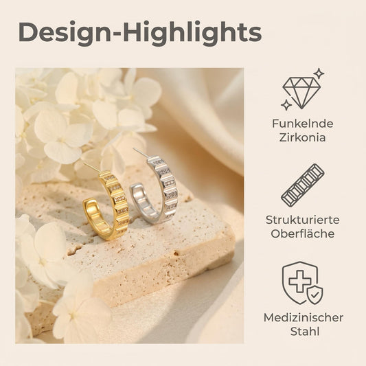 GLANZI Urban Radiance Ohrringe – Strukturierte C-Creolen mit Zirkonia