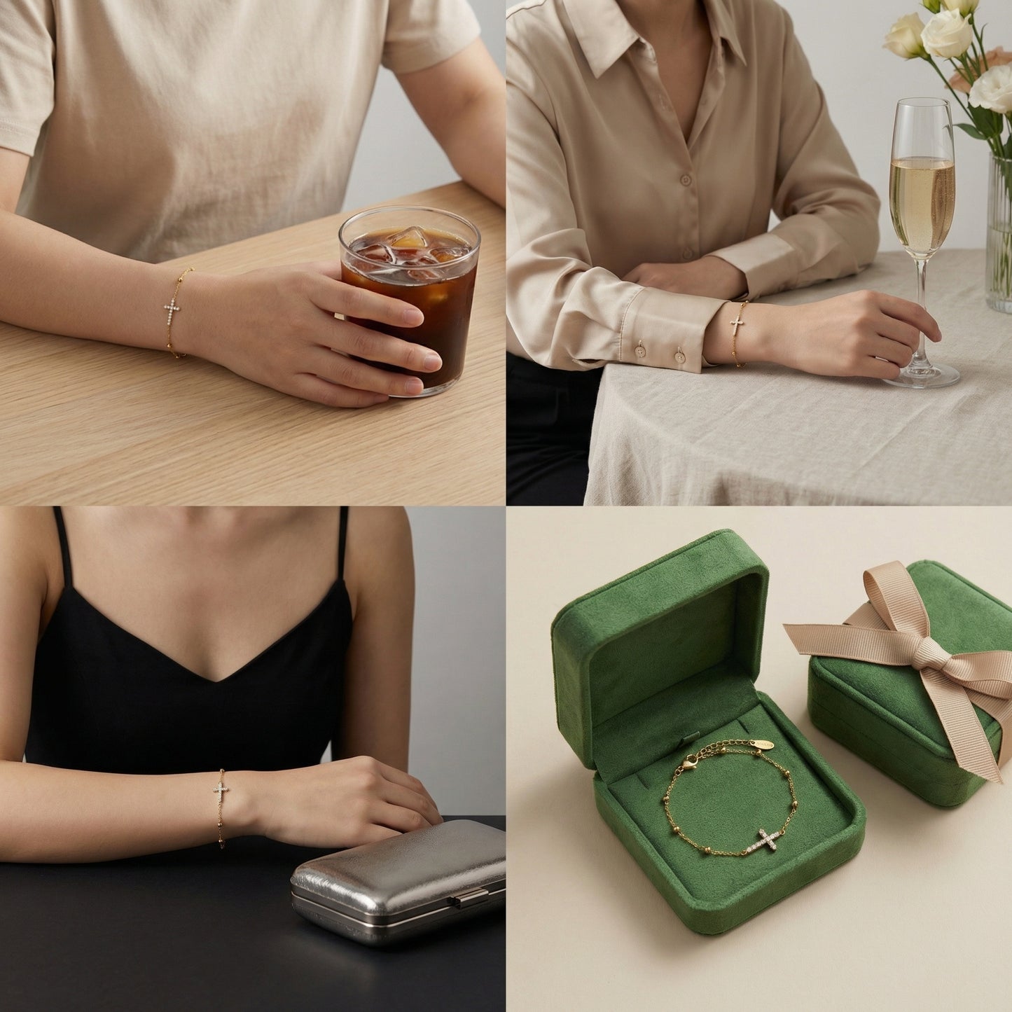 GLANZI Goldene Perlen Armband Kreuz Strass