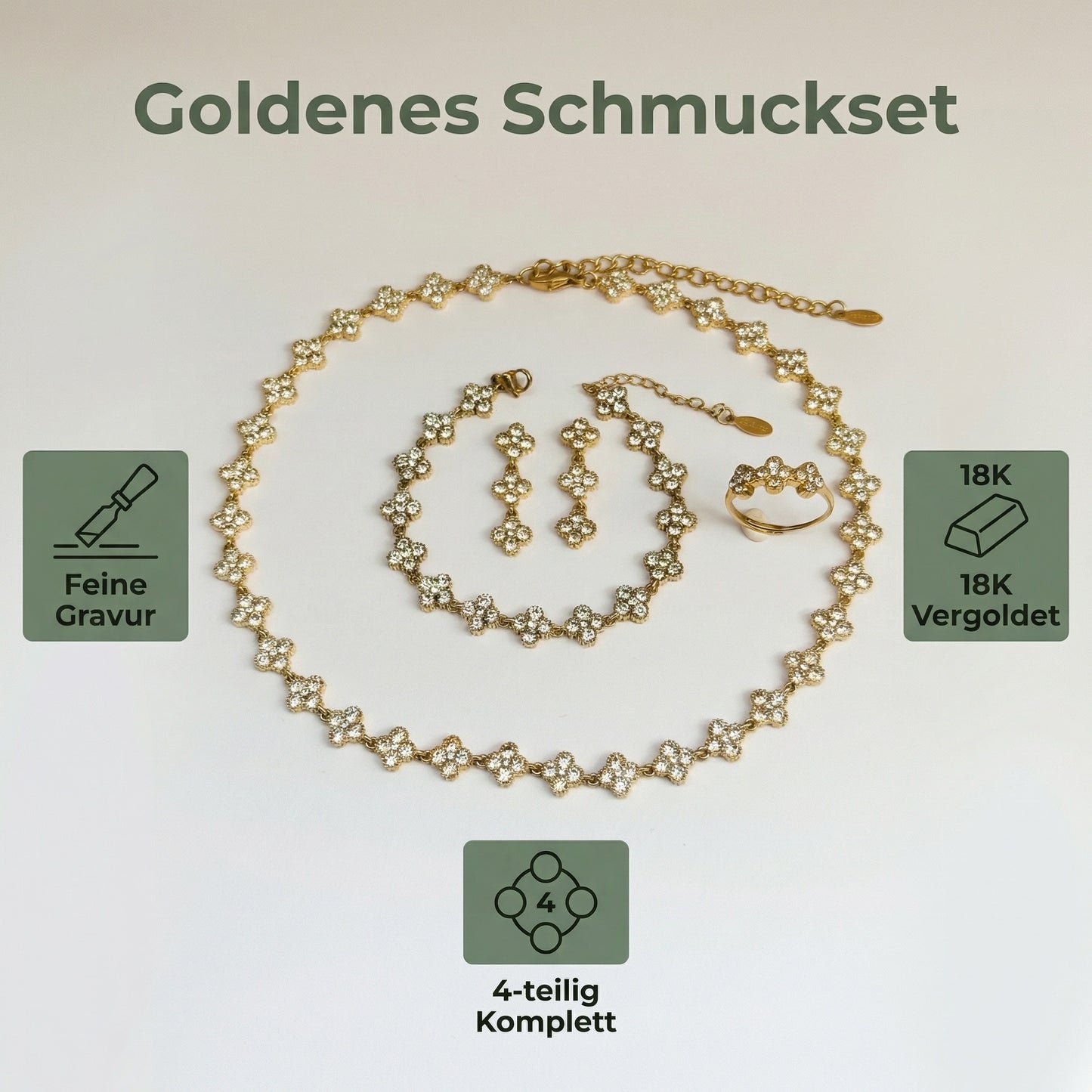 GLANZI Funkelndes Kleeblatt Schmuckset – Halskette, Armband, Ohrringe & Ring