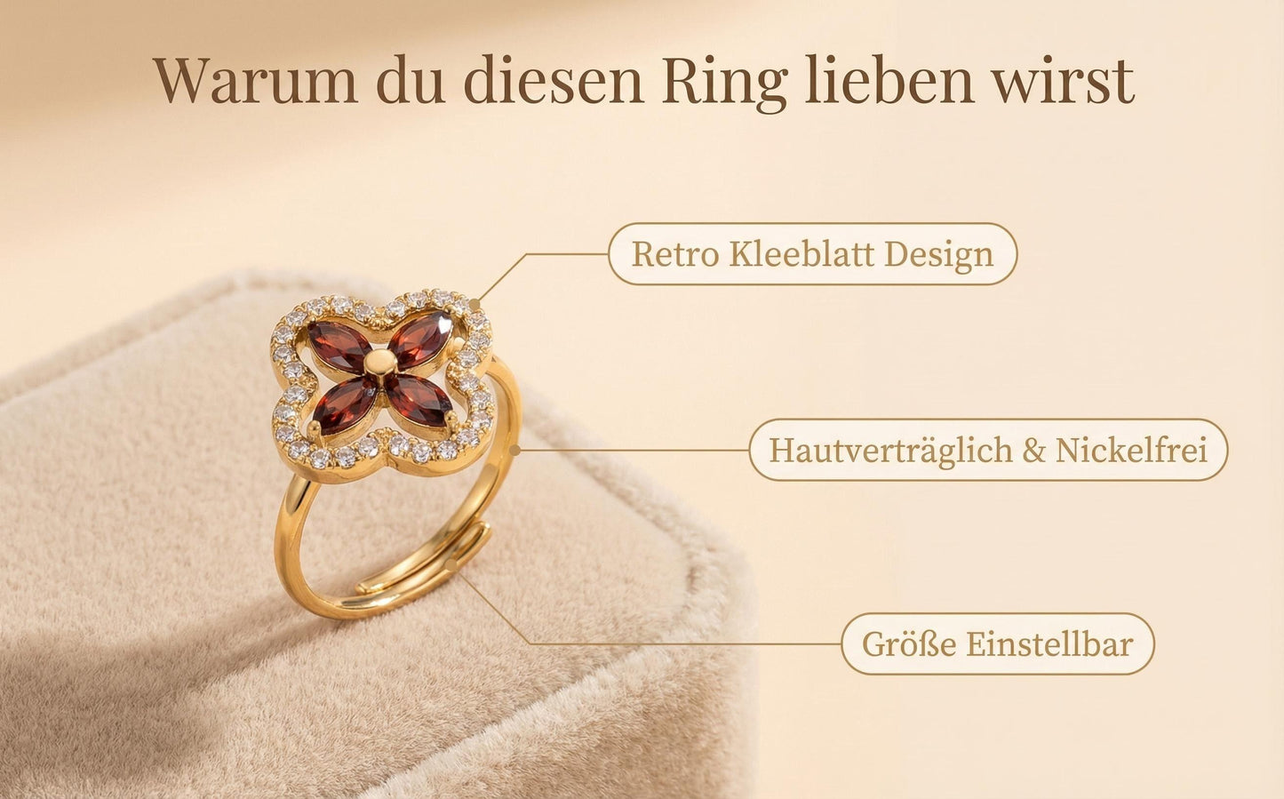Vierblättriger Kleeblatt Ring Glück und Glamour