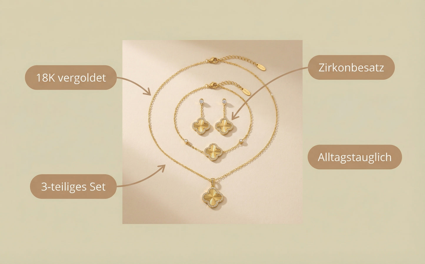 Vierblättriges Kleeblatt Schmuck-Set – Halskette, Armband & Ohrringe