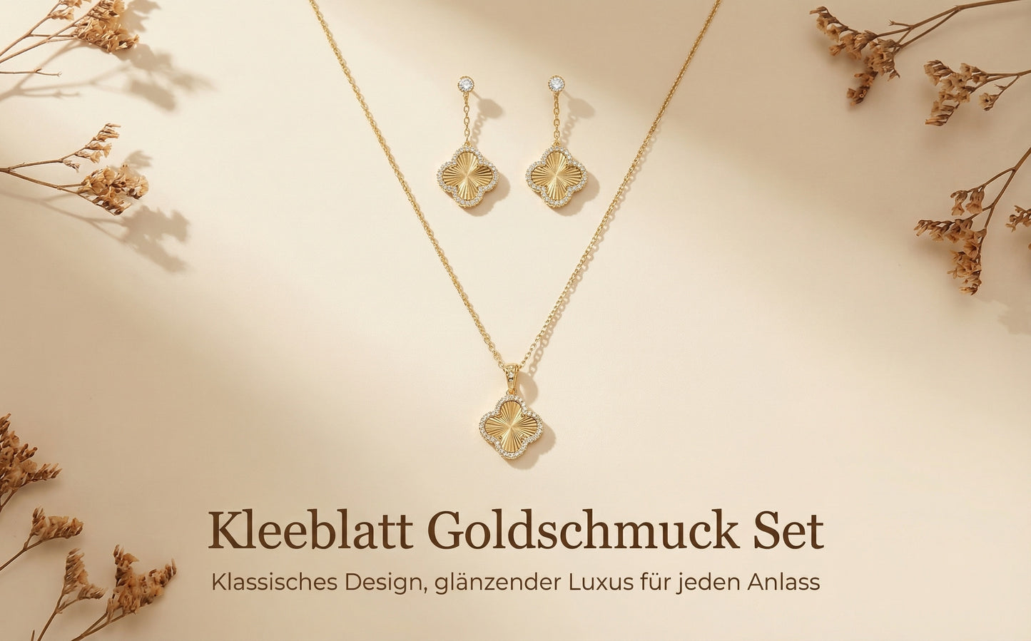 Vierblättriges Kleeblatt Schmuck-Set – Halskette, Armband & Ohrringe