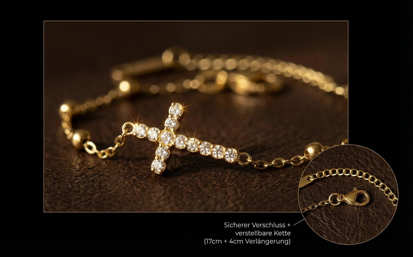 GLANZI Goldene Perlen Armband Kreuz Strass