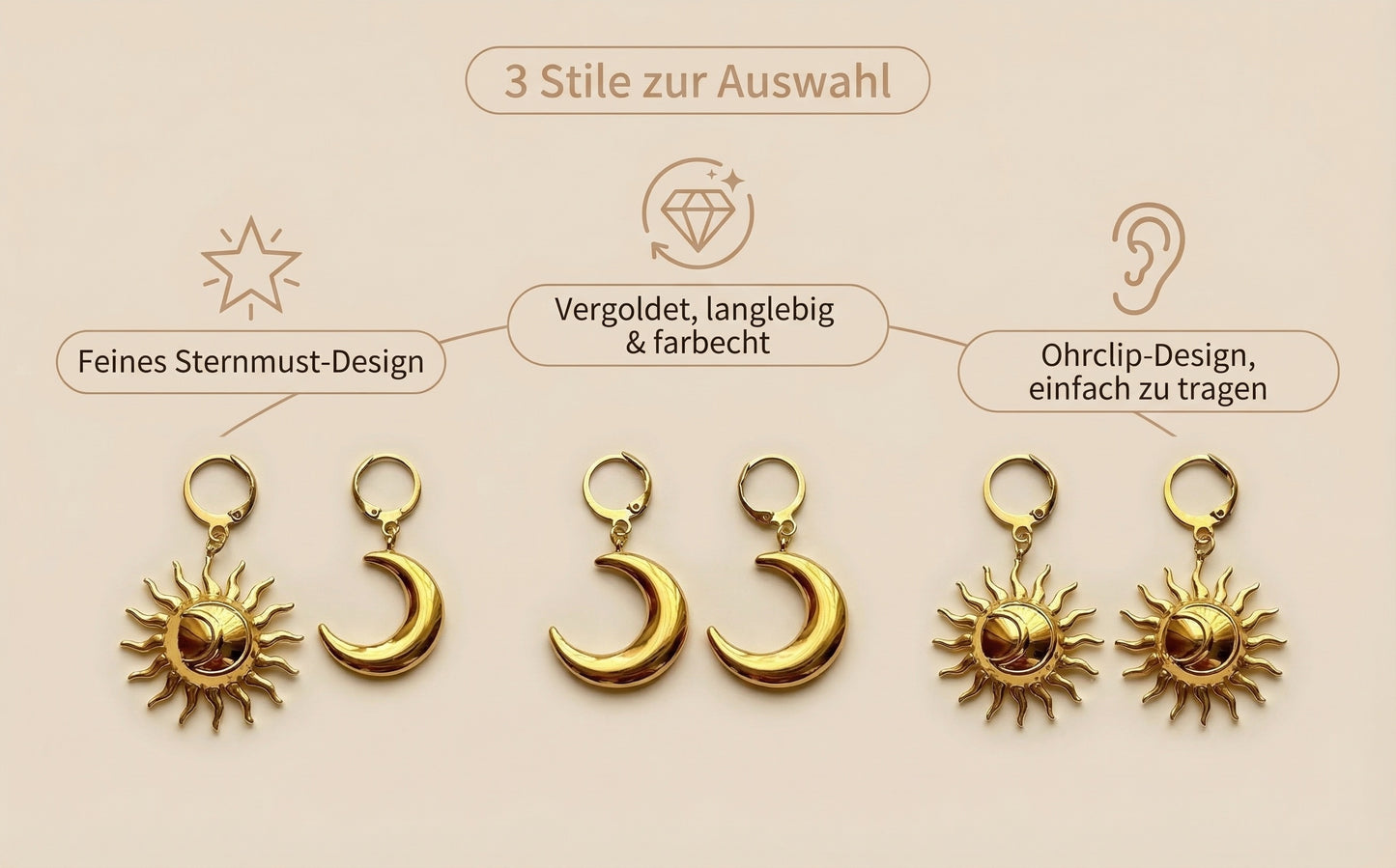 Asymmetrische Ohrringe – Sonne & Mond Design | 18K Vergoldeter Edelstahl