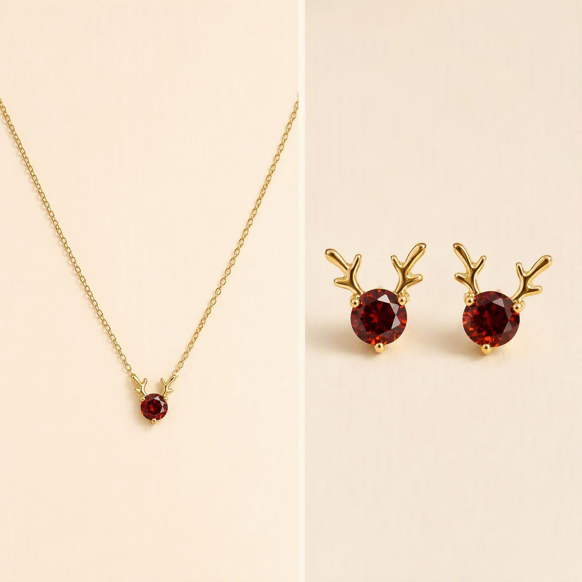 GLANZI Ruby Reindeer Schmuckset – Ohrringe, Halskette & Armband