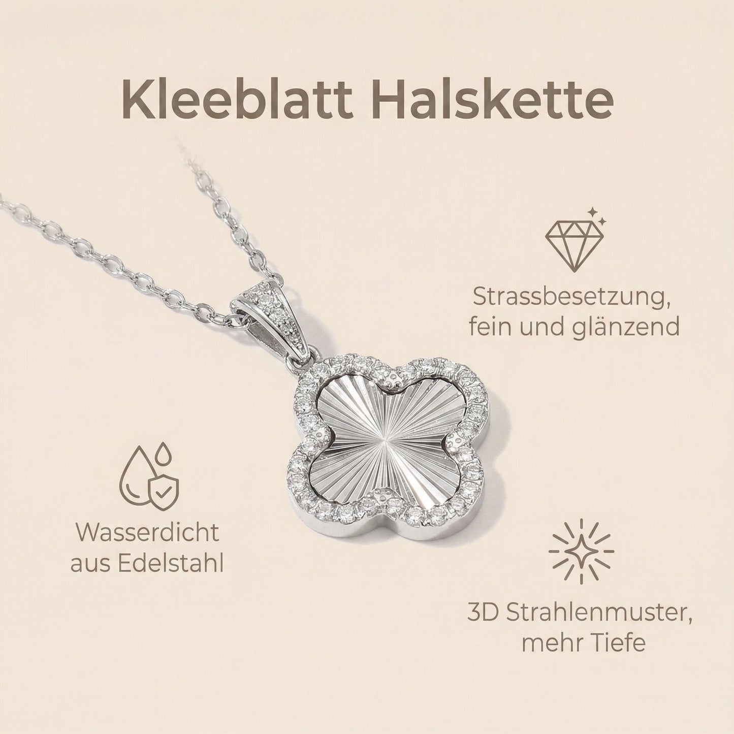 GLANZI Kleeblatt Halskette mit Zirkonia – Silberfarben