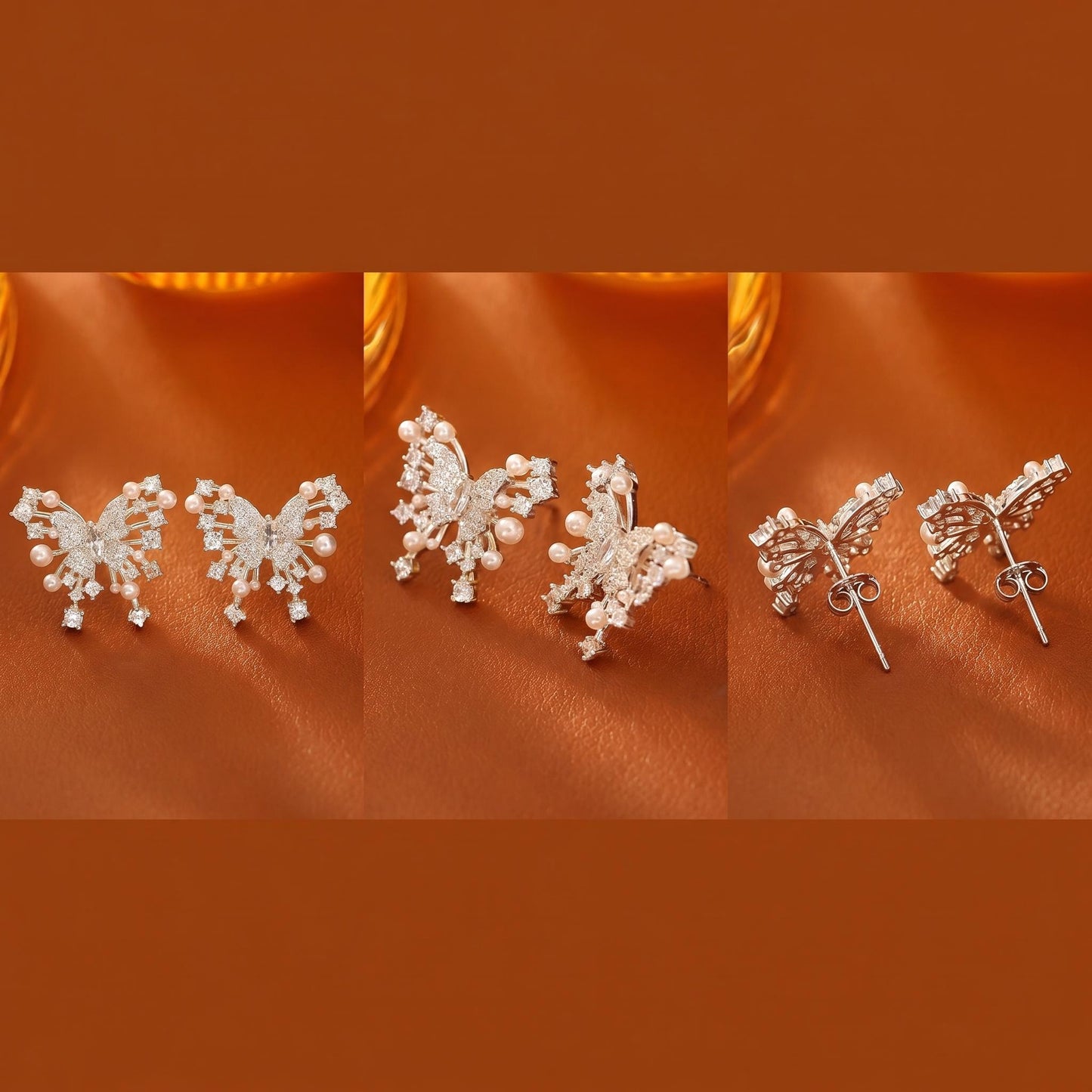 GLANZI Silver Papillon Ohrstecker – Schmetterling mit Zirkonia & Perlendetail