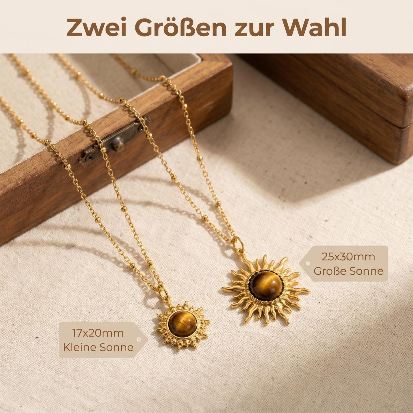 GLANZI Tiger Sun Halskette – Sonnenanhänger mit Tigerauge, 18K Vergoldet