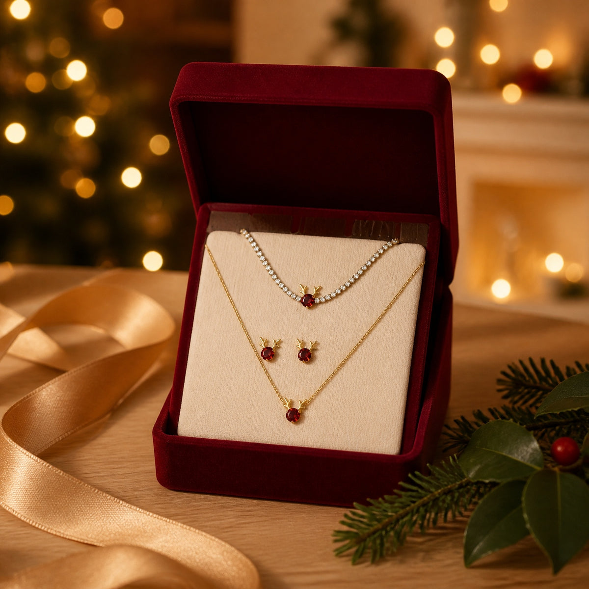 GLANZI Ruby Reindeer Schmuckset – Ohrringe, Halskette & Armband