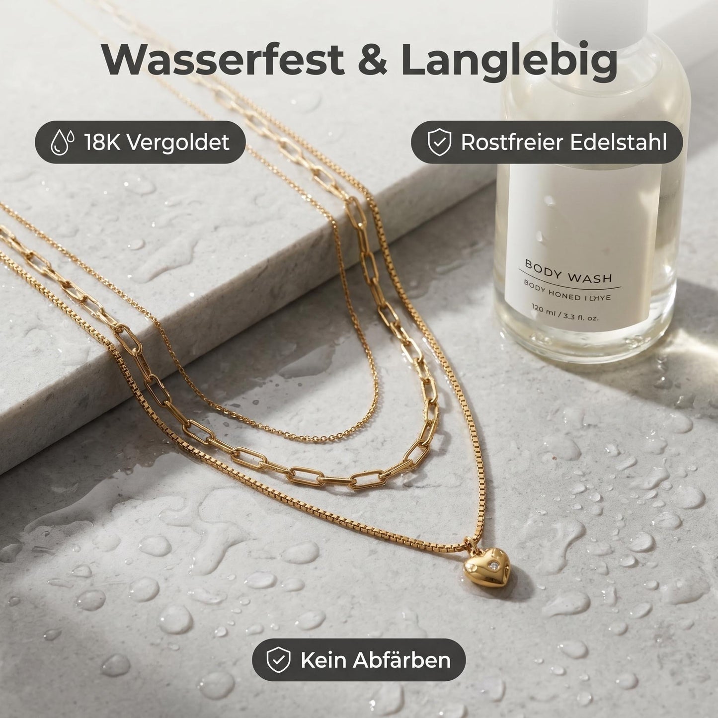 GLANZI Sweet Layers Halskette – Dreireihig mit Herz Anhänger