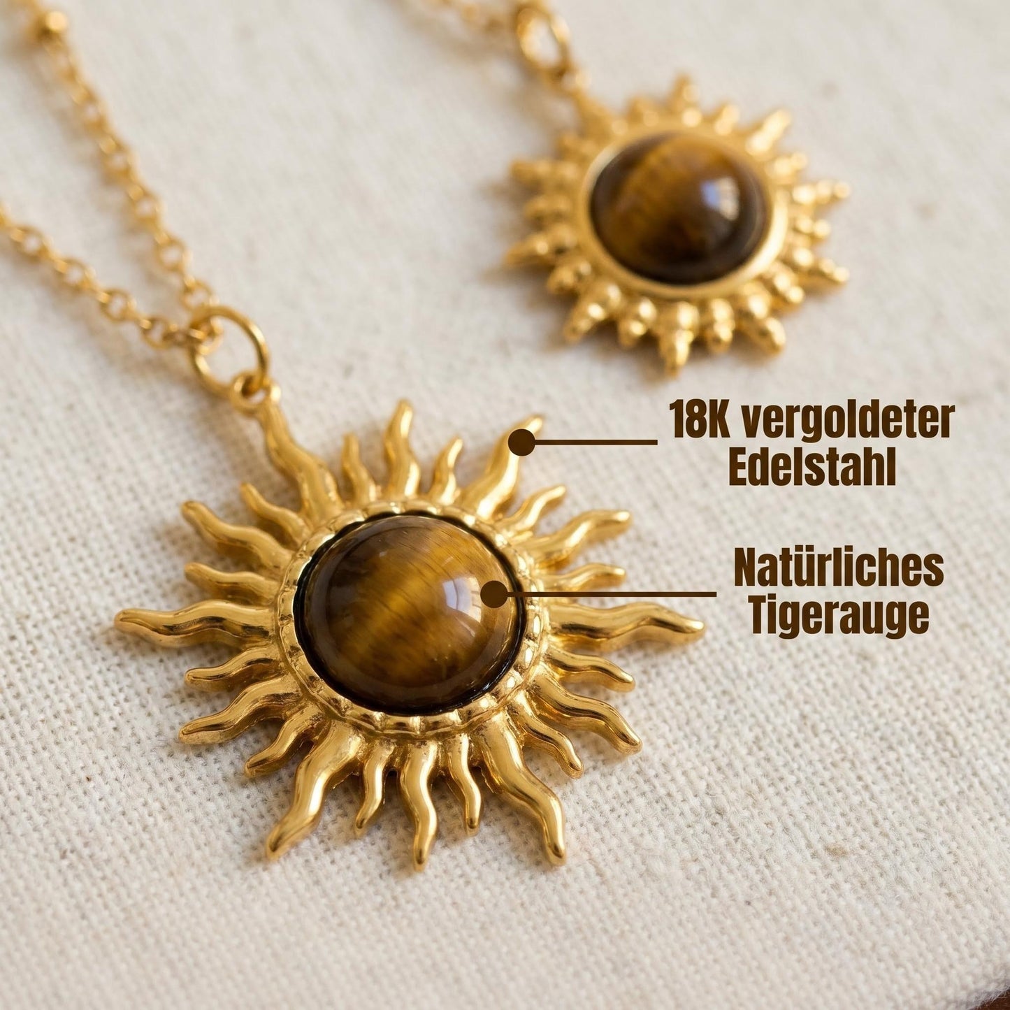 GLANZI Tiger Sun Halskette – Sonnenanhänger mit Tigerauge, 18K Vergoldet