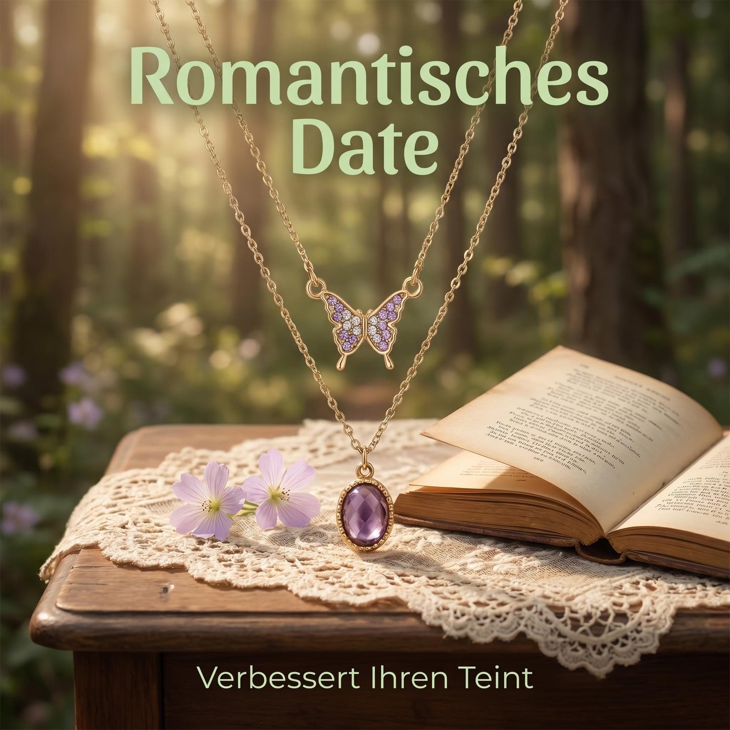 GLANZI Waldflüstern Halskette – Doppellagig mit Schmetterling & Amethyst