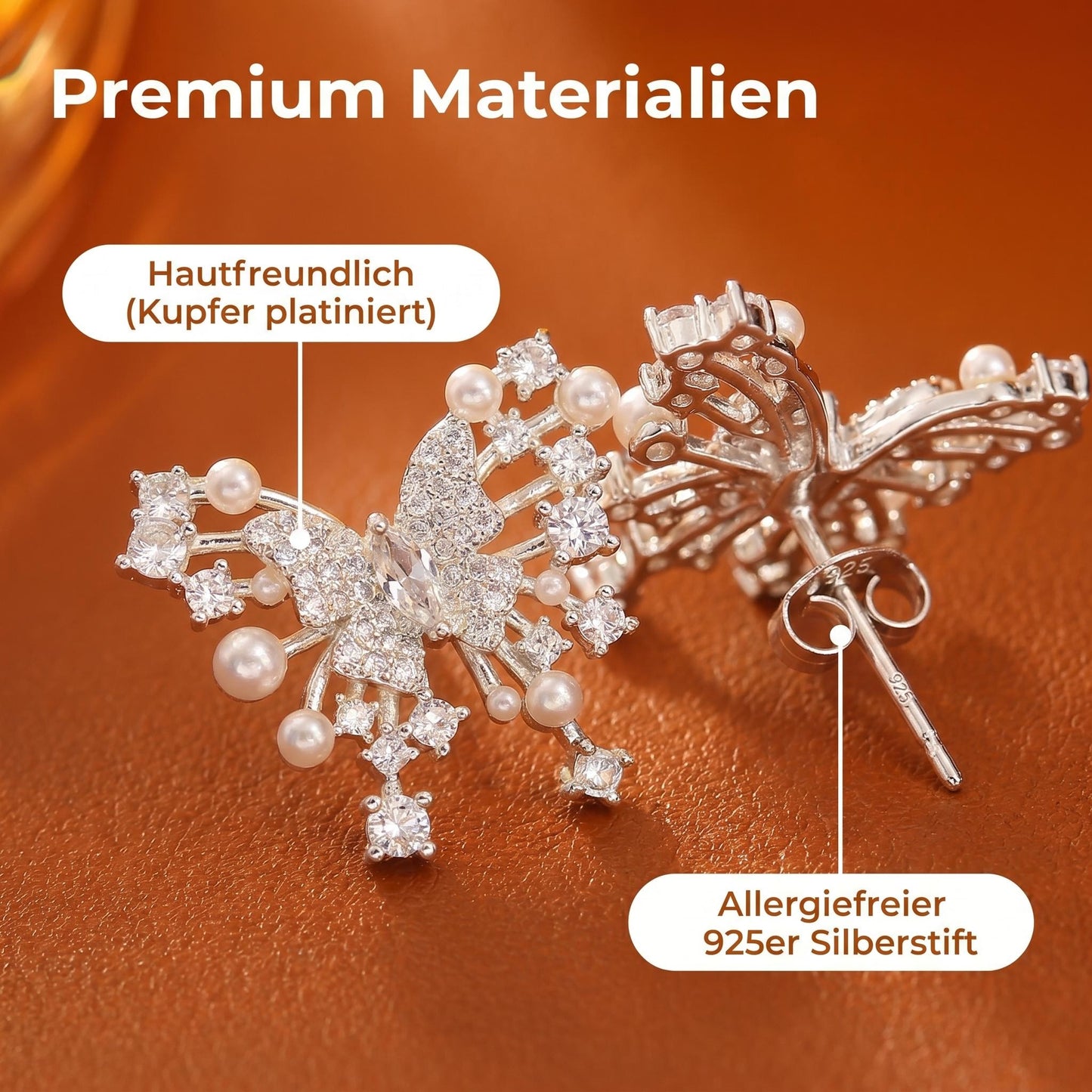 GLANZI Silver Papillon Ohrstecker – Schmetterling mit Zirkonia & Perlendetail