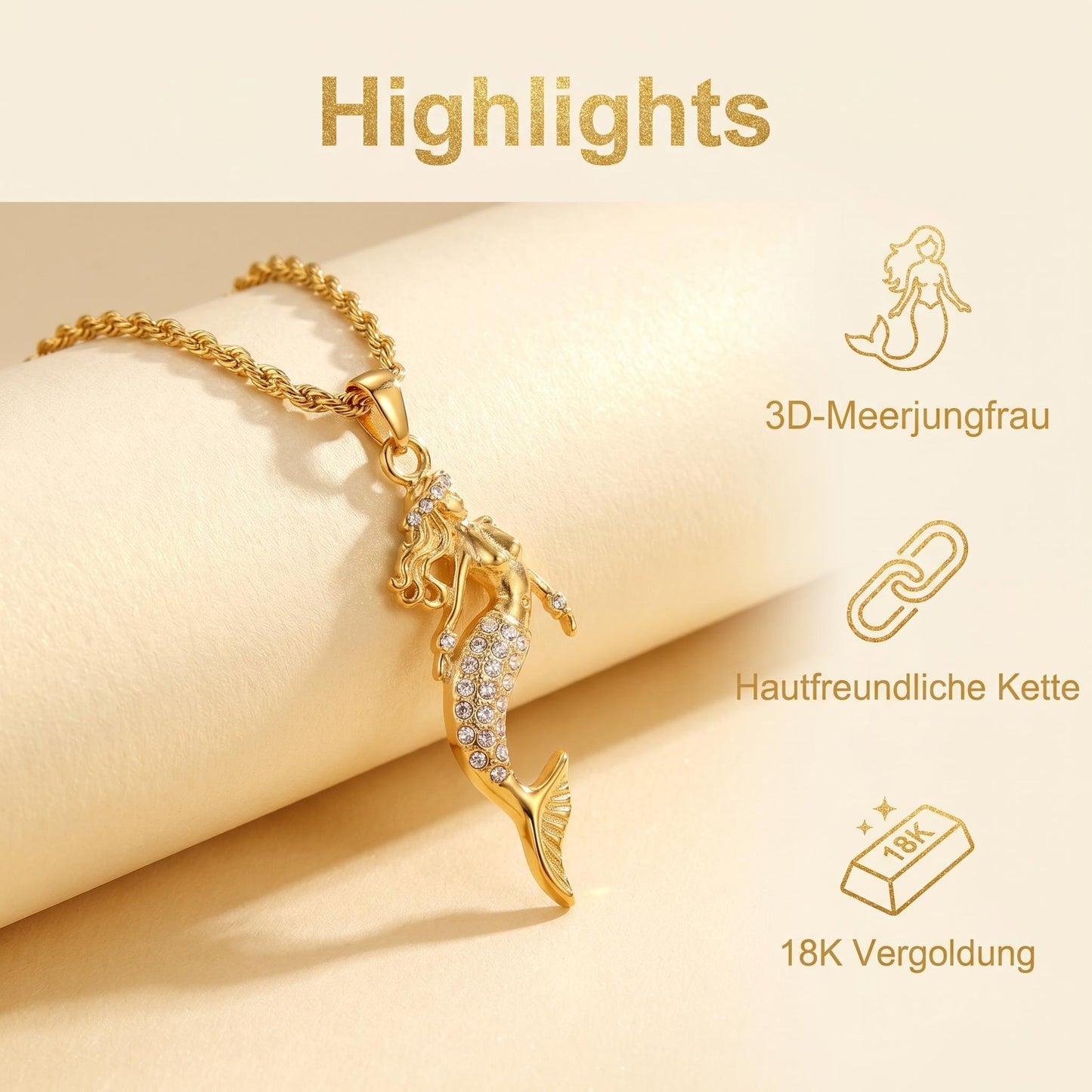 GLANZI Mermaid Glow Halskette – Meerjungfrau Anhänger mit Zirkonia, 18K Vergoldet