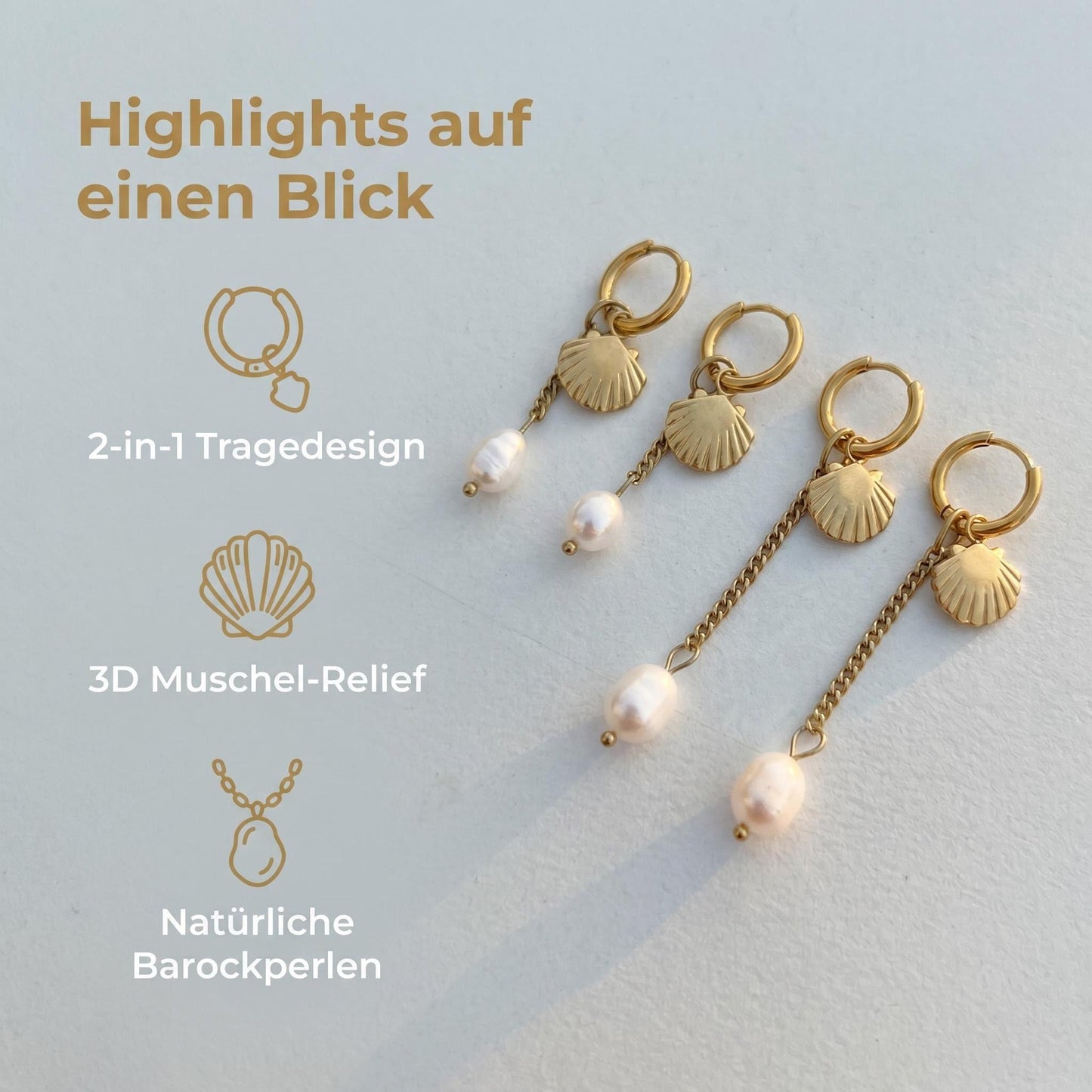 GLANZI Ocean Glow Ohrringe – Muschel & Perle, 2 Längen, Wandelbares Design, 18K Vergoldet
