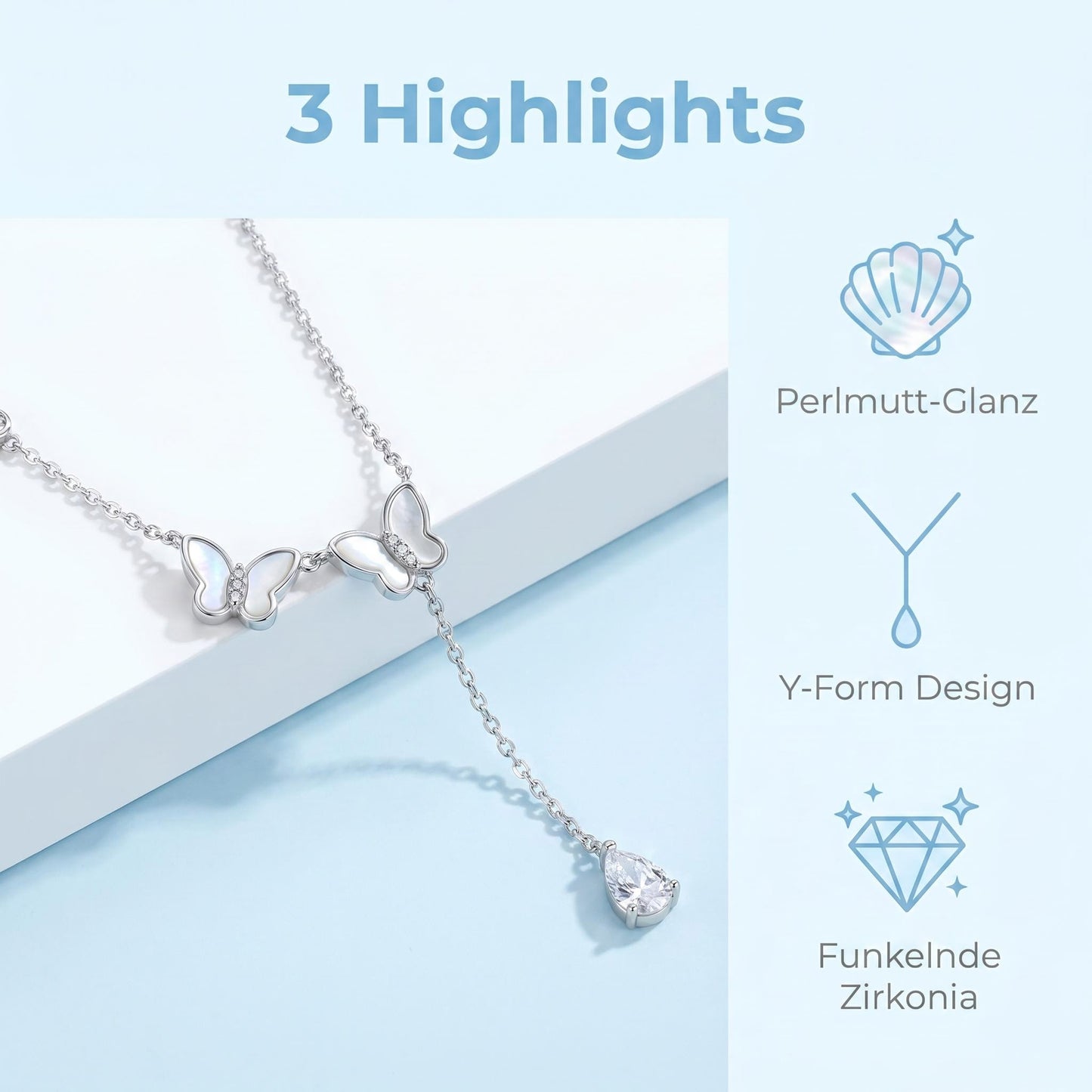 GLANZI Butterfly Duet Y-Halskette – Perlmutt, Zirkonia & Tropfenanhänger